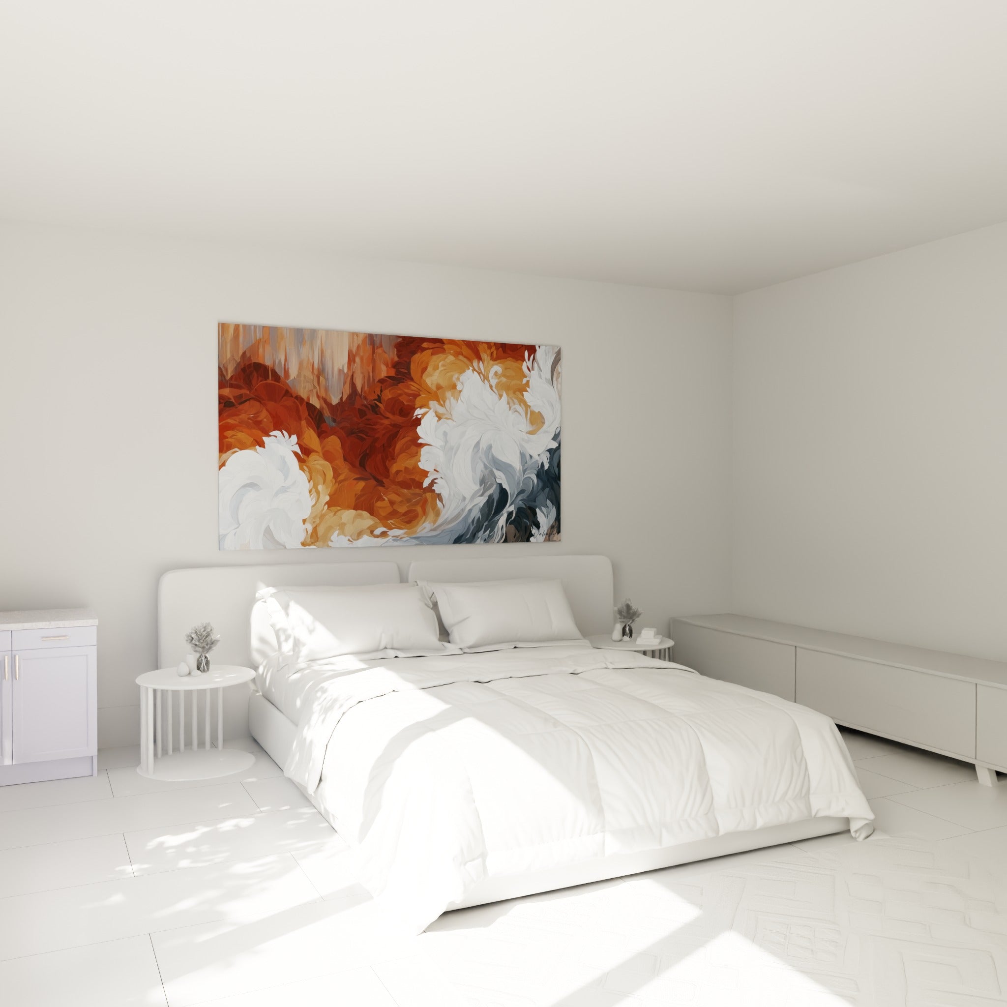 Volutes ocre et blanches en mouvement, Artistique abstrait accroché au-dessus d'un lit dans une chambre claire
