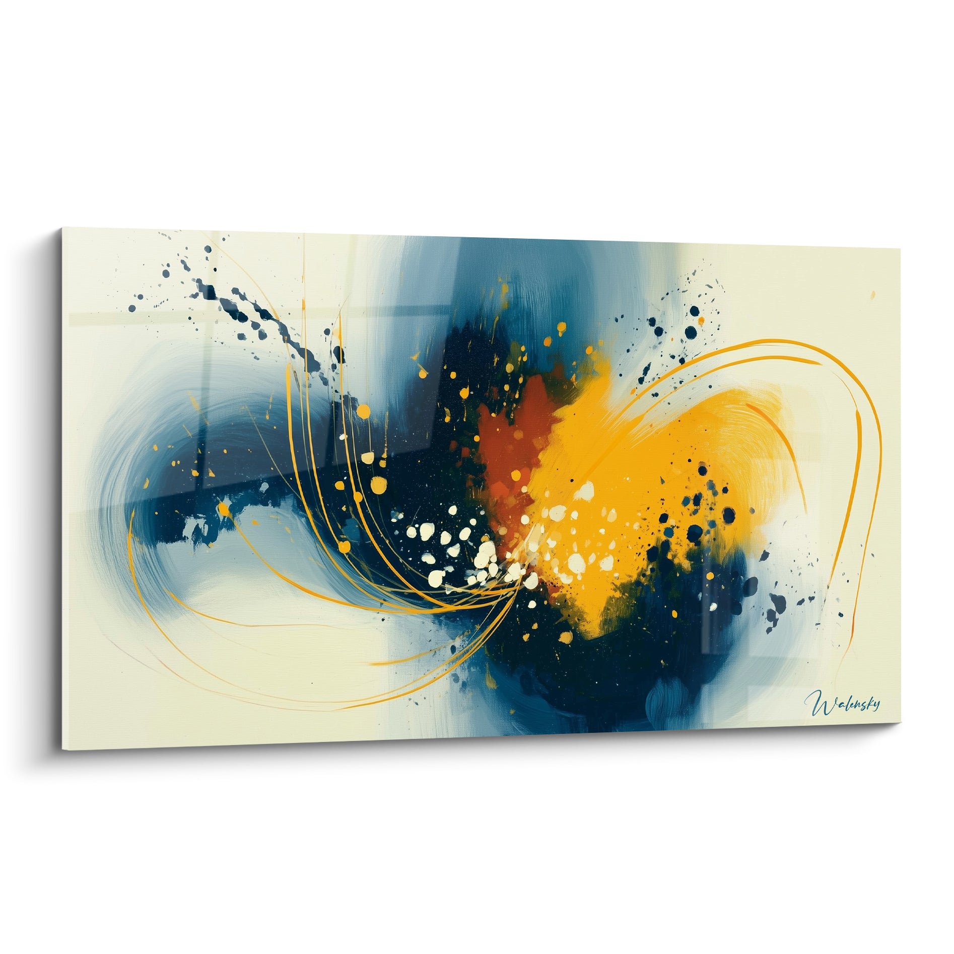 Tourbillon artistique abstrait bleu marine et doré avec éclaboussures blanches et filaments ocre