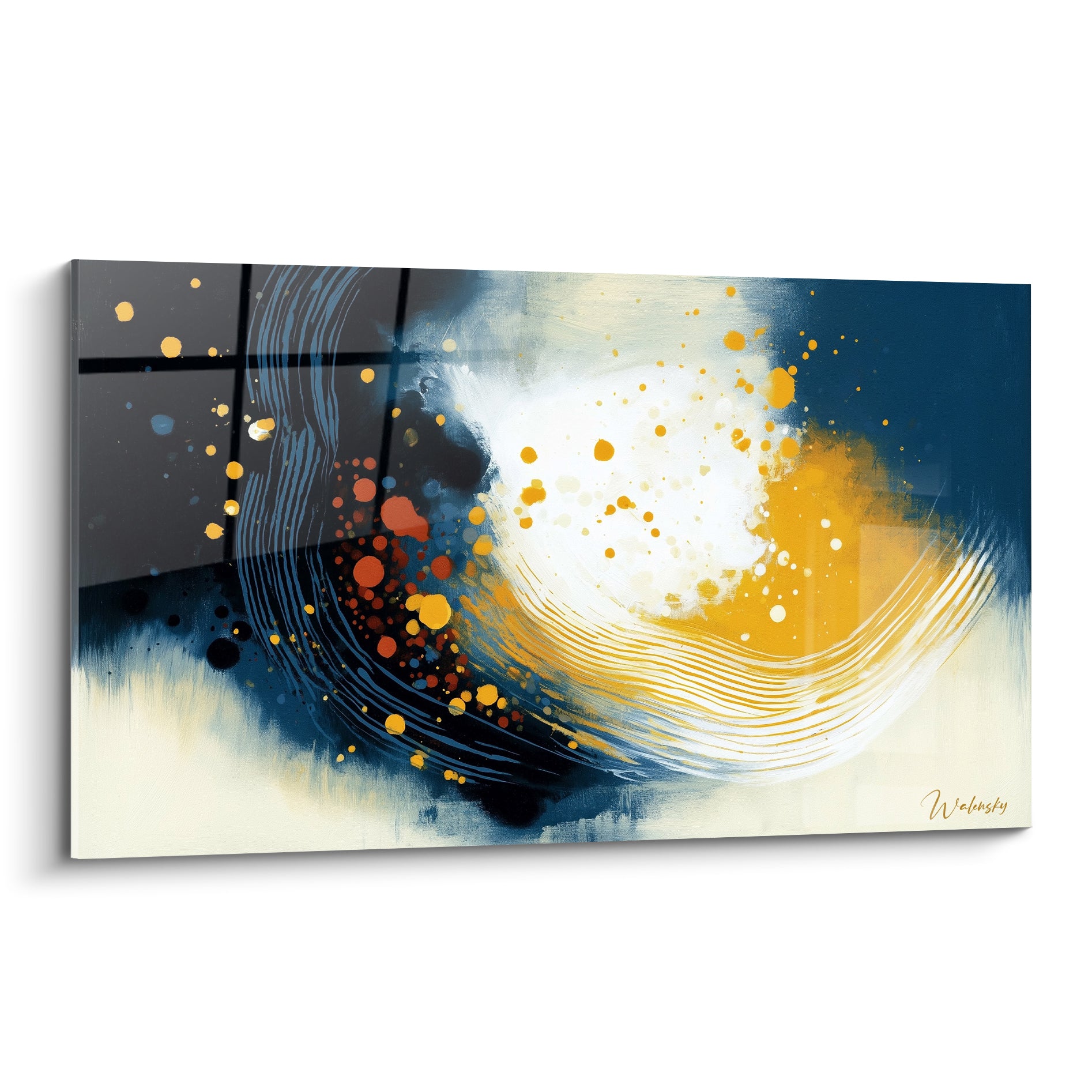 Tourbillon abstrait bleu marine et doré avec éclaboussures ocre et blanches, mouvement circulaire intense