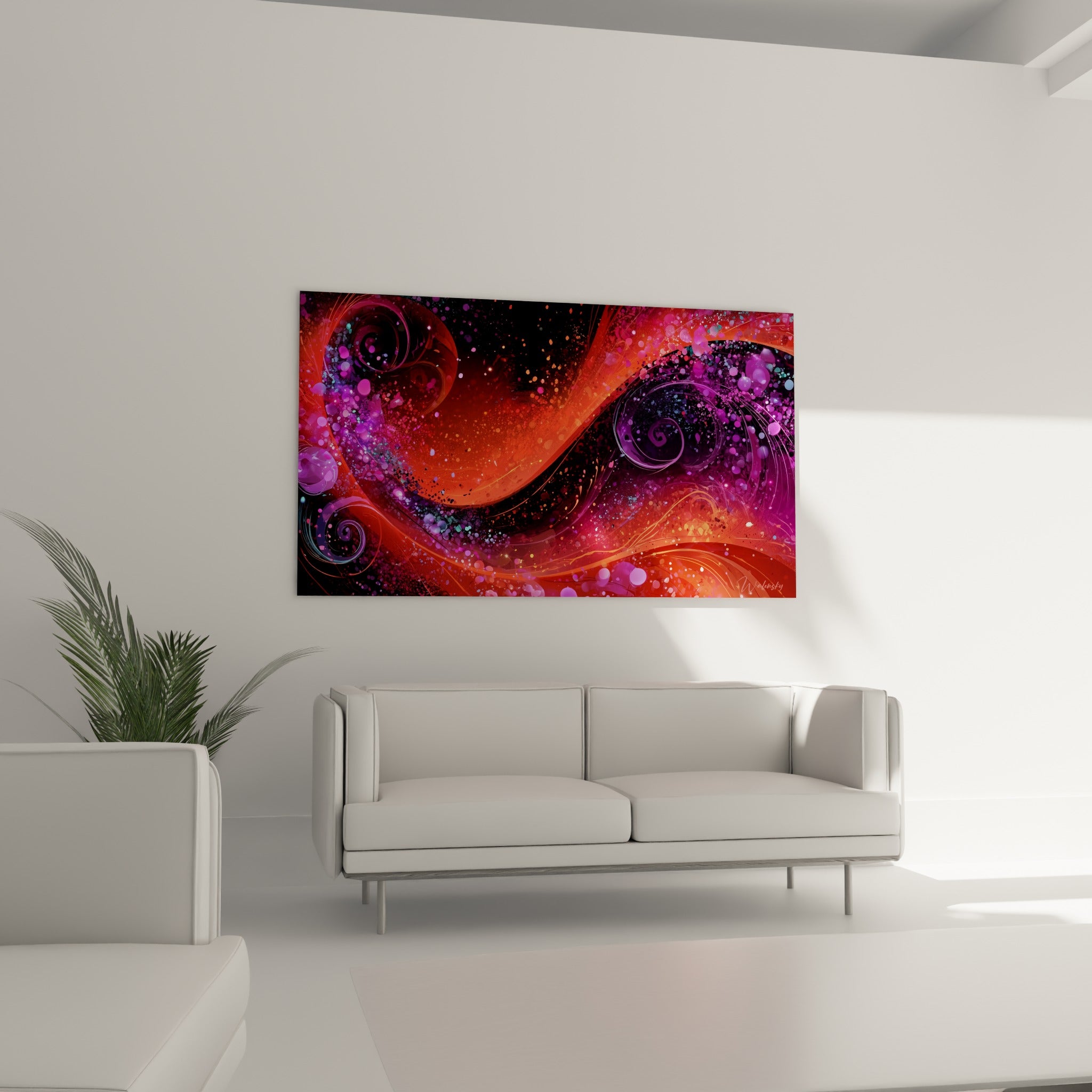 Tourbillon cosmique orange et violet de ce tableau artistique abstrait, au-dessus d'un canapé dans un salon lumineux