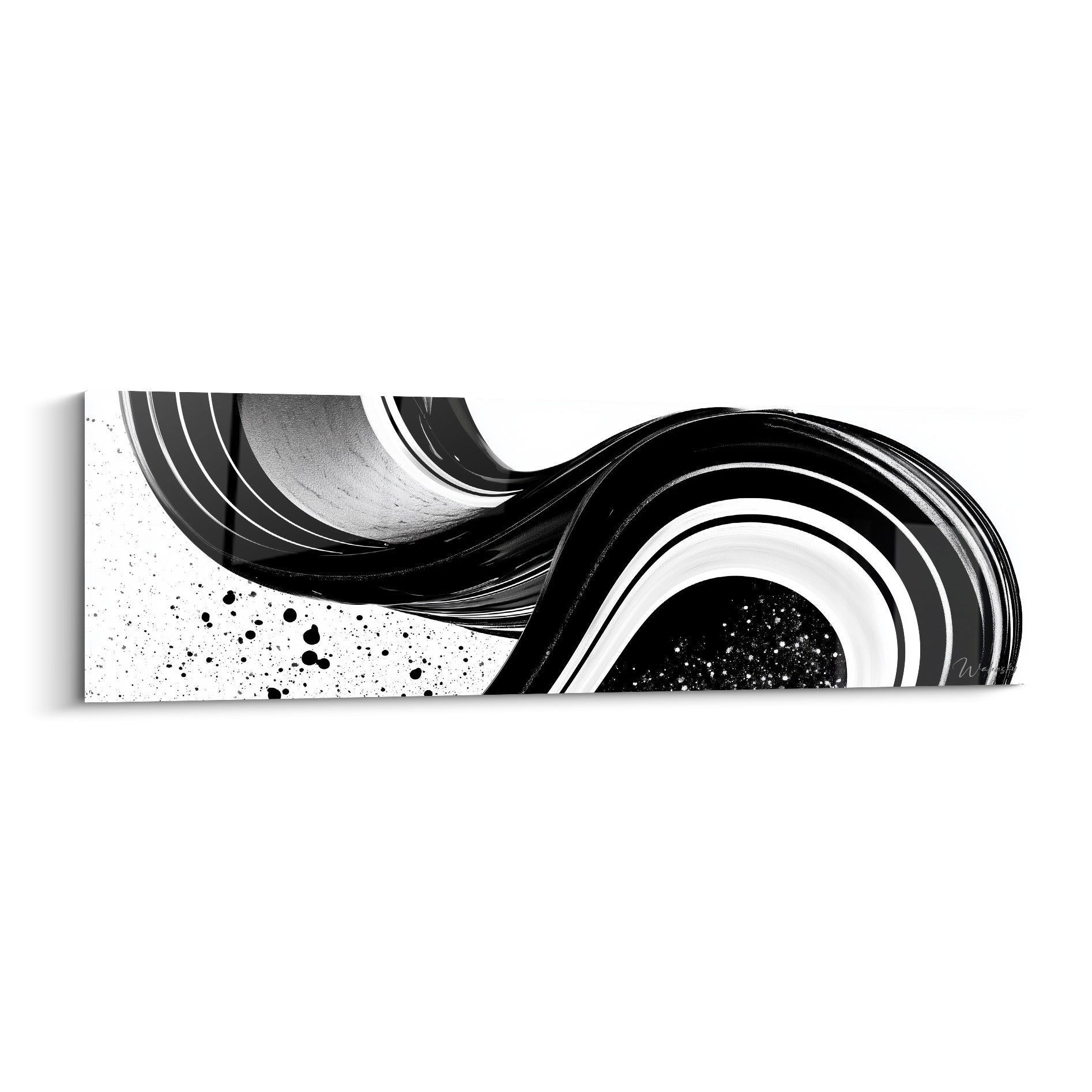 Tourbillon noir et blanc en spirale, éclaboussures anthracite sur fond clair