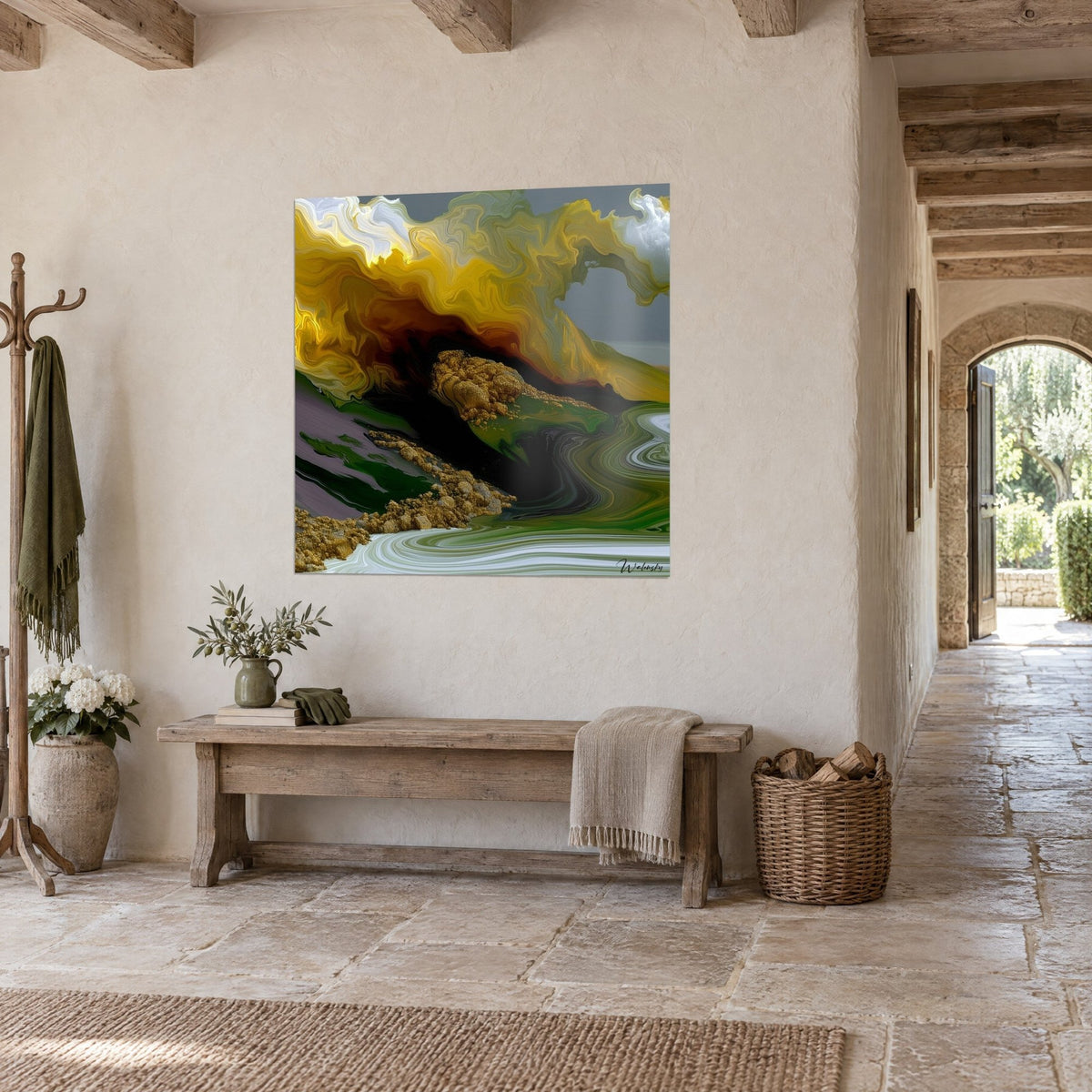 Wall art golden wave with green highlights, black eddies and gold-flecked rocks, hung above a bench, stone corridor