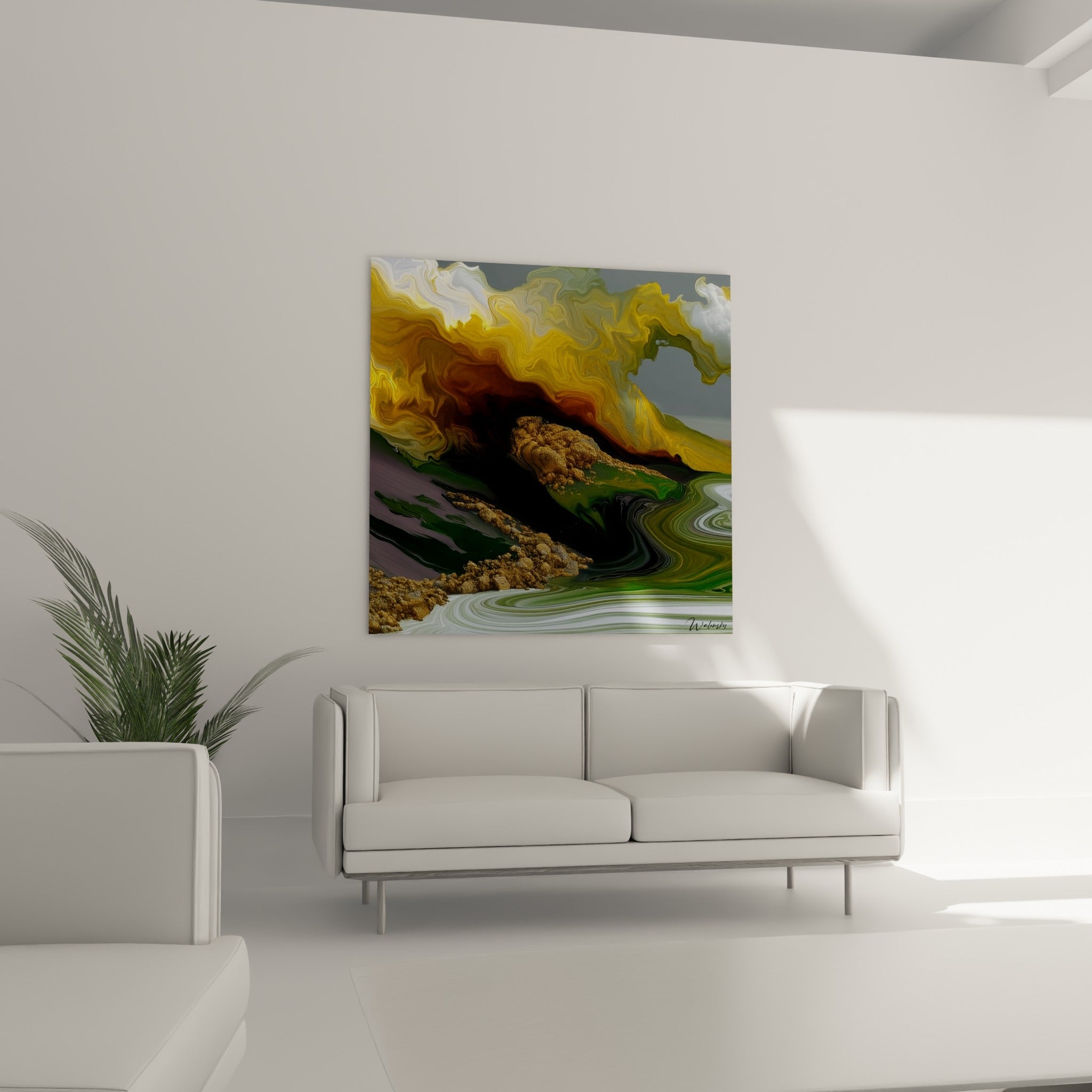 Tourbillon doré et vert bouteille aux textures fluides au-dessus d'un canapé dans un salon lumineux