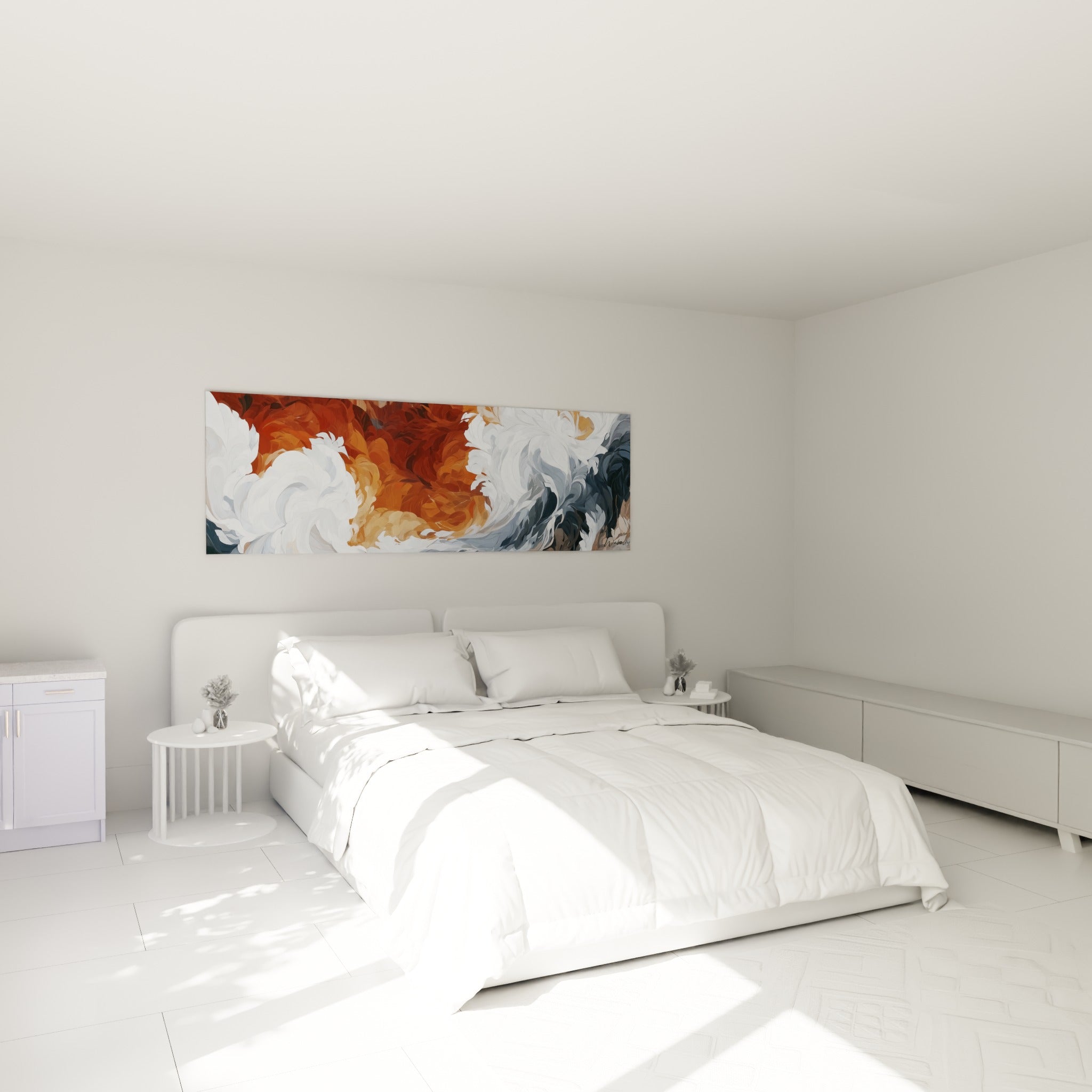 Volutes blanches et ocre en mouvement, accrochées au-dessus d'un lit dans une chambre claire