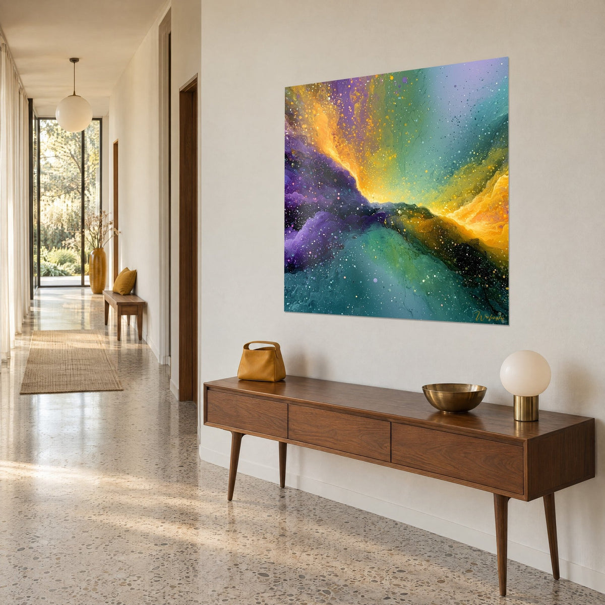 Gemälde kosmischer Lichtriss mit bernsteinfarbenen und amethystfarbenen Wirbeln, Dreiviertelansicht über einem Holzsideboard