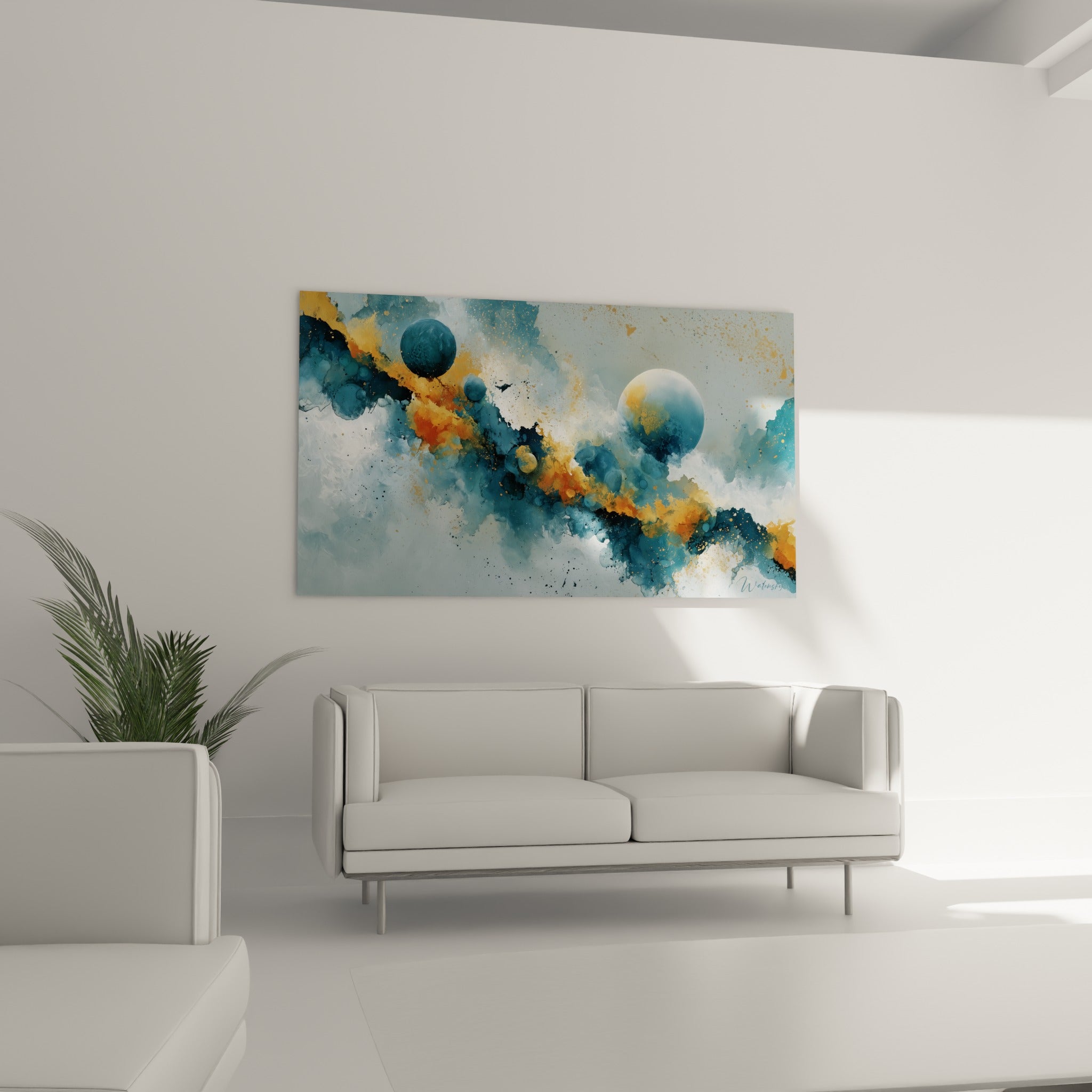 Traînée orangée traversant des sphères bleutées de ce tableau Artistique abstrait, au-dessus d'un canapé dans un salon lumineux