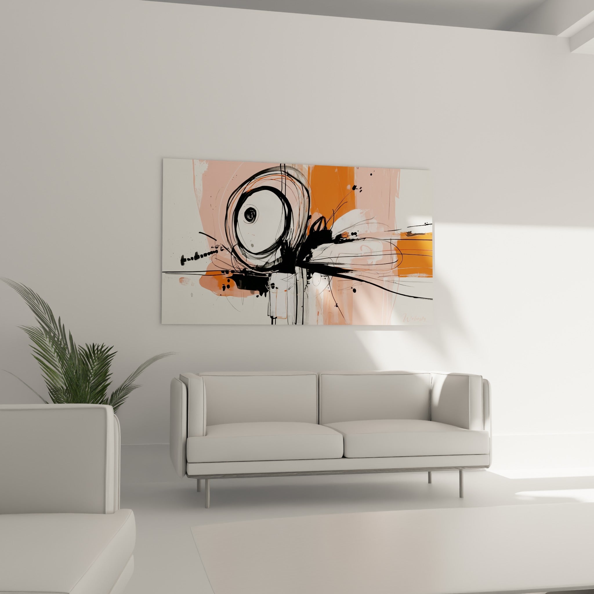 Traits nerveux noirs et éclaboussures d'encre sur fond rose corail, tableau au-dessus d'un canapé dans un salon lumineux