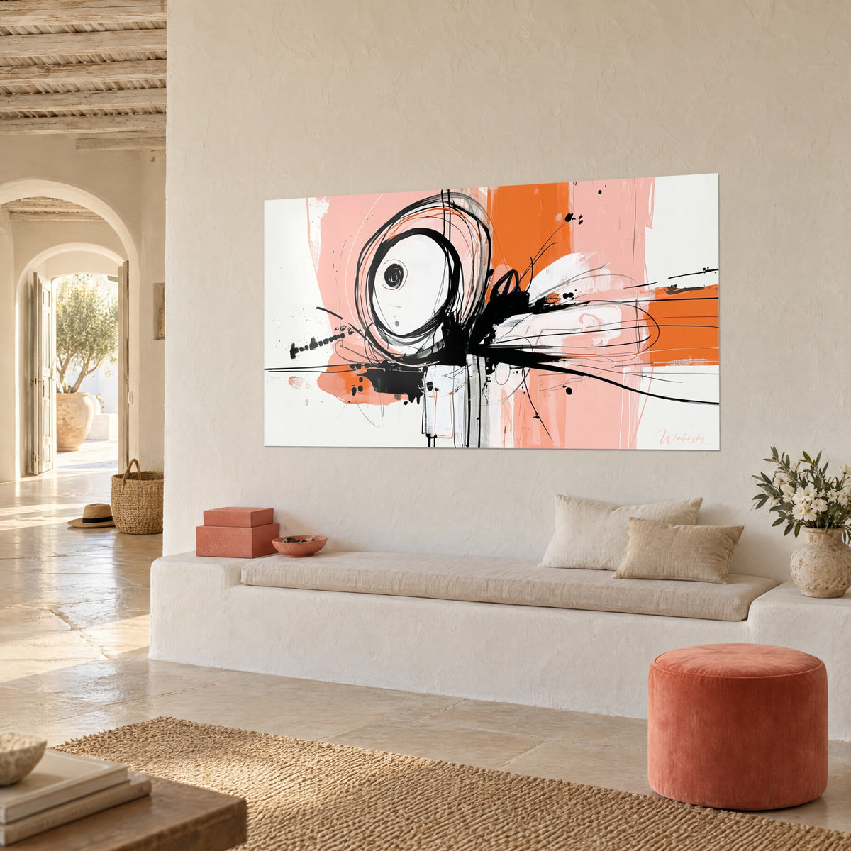 Cuadro con círculos de tinta negra sobre campos rosa salmón y naranja vivo, tres cuartos, banco blanco en una casa provenzal