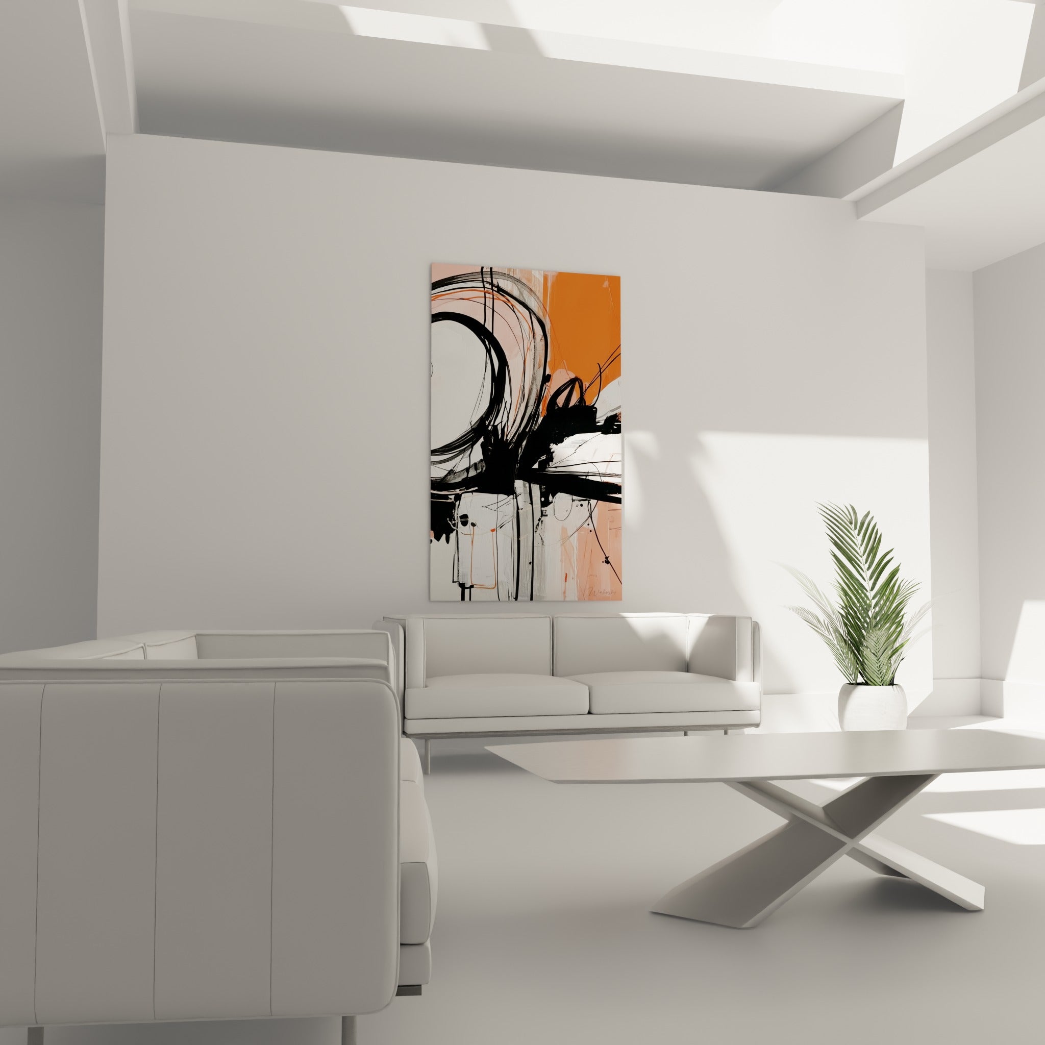 Traits noirs vigoureux et aplats orange intense de ce tableau abstrait au-dessus d'un canapé dans un salon lumineux
