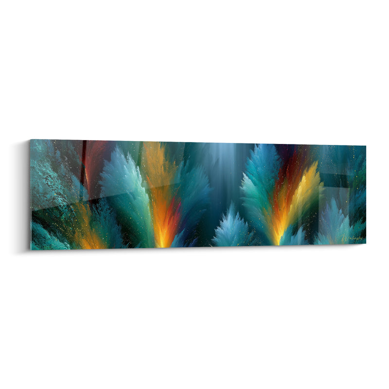 Tableau Geysers de flammes turquoise et orange verticales - Panache végétal enflammé - Edition Artistique abstrait