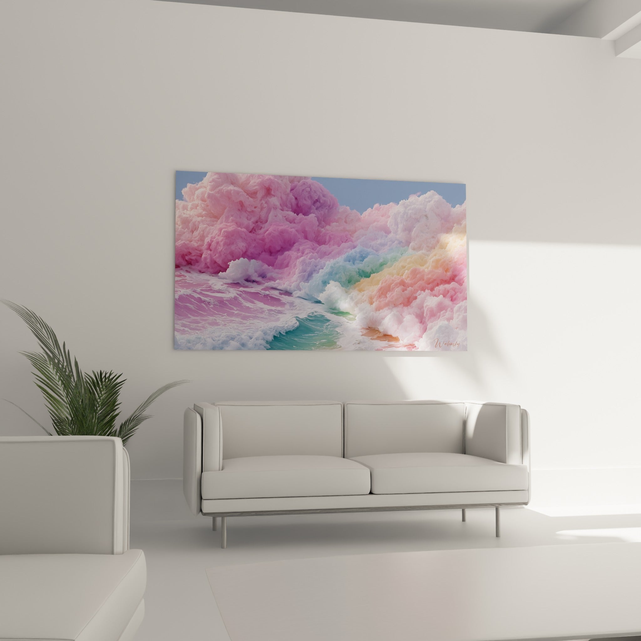 Écume rose et verte façon vague sculptée, disposée au-dessus d'un canapé dans un salon lumineux