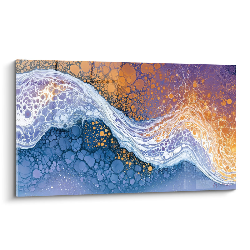 Tableau Vague écumante bleu et orange aux bulles minérales - Écume constellée - Edition Artistique abstrait