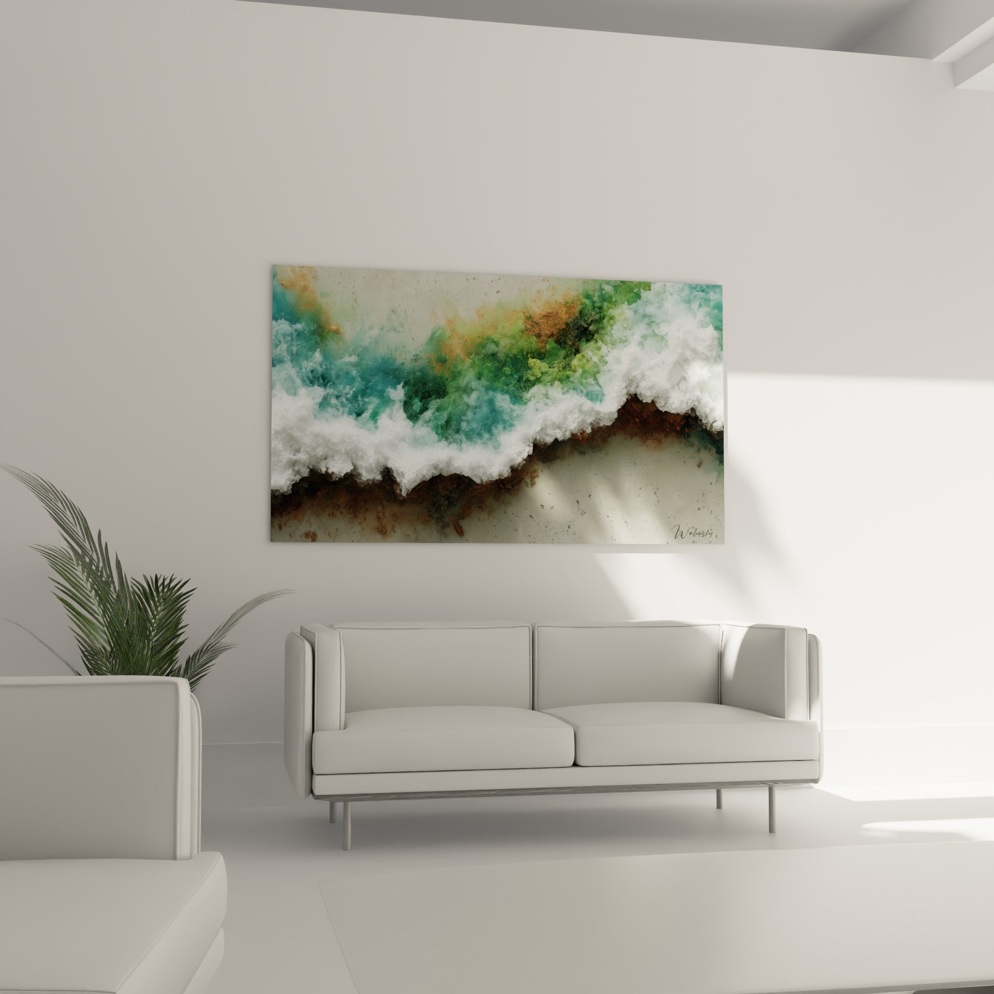 Déferlement bleu-vert et ocre d'une vague écumante au-dessus d'un canapé dans un salon lumineux