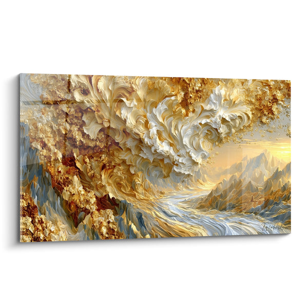 Cuadro Ola dorada y blanca sobre montañas - Río entre cumbres - Edición artística abstracta