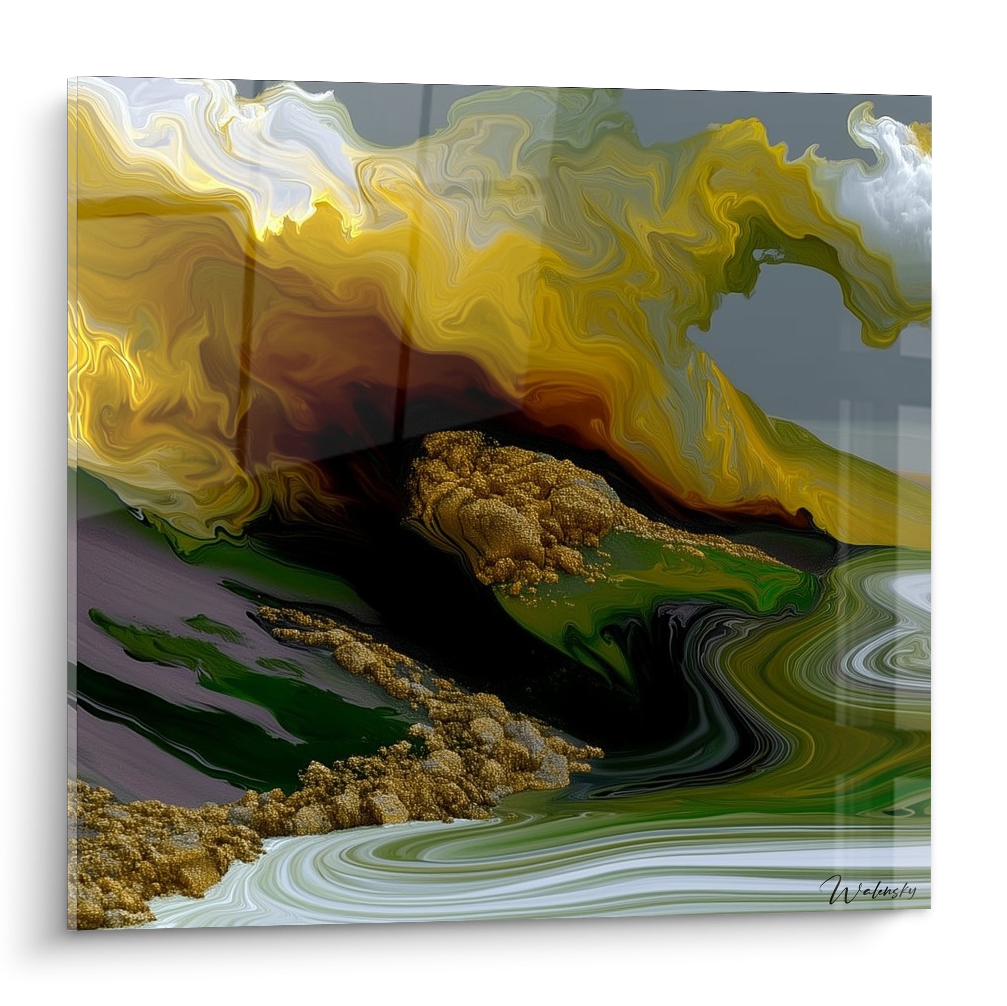 Vague dorée et verte figée en plein mouvement, texture granuleuse et fond gris anthracite
