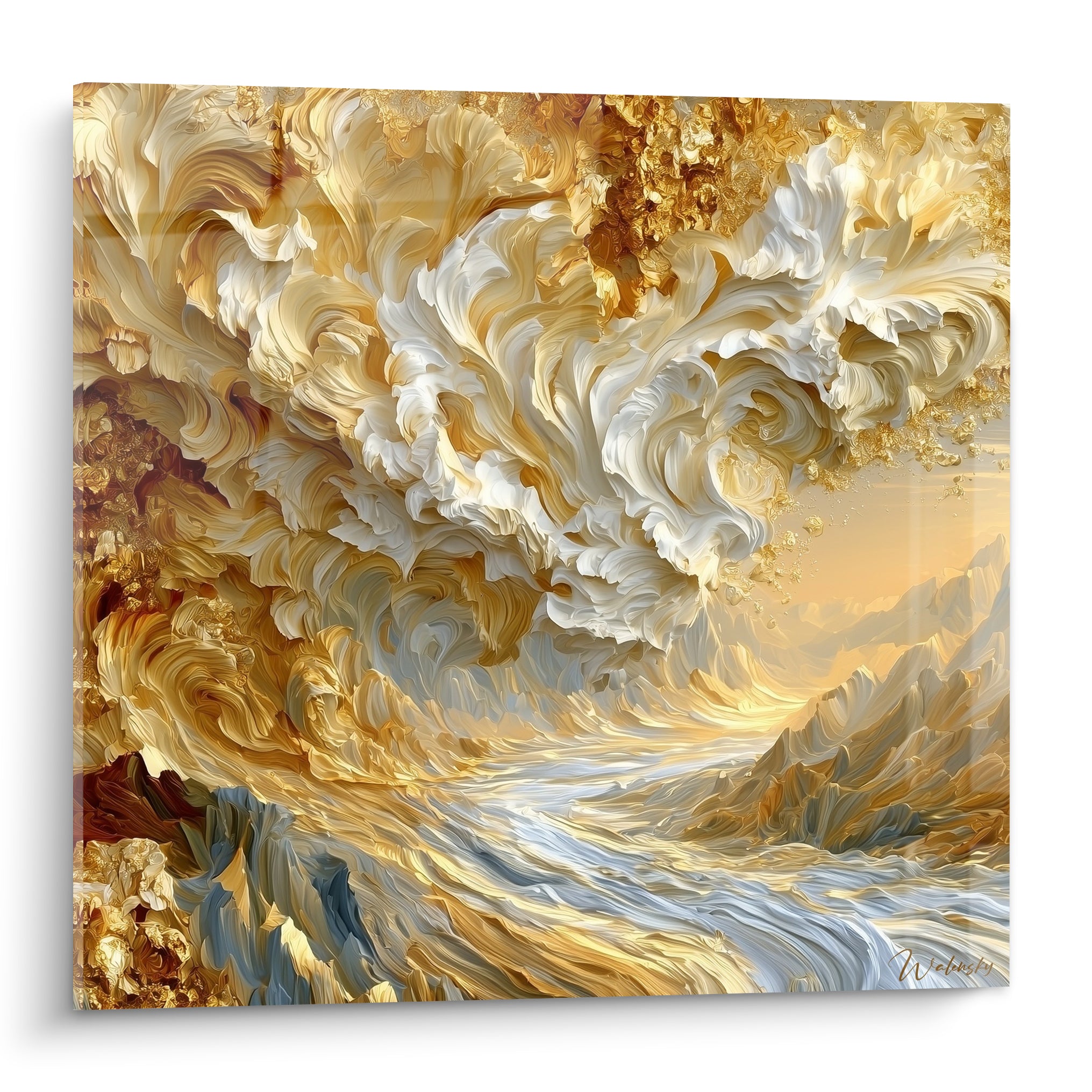 Vague dorée aux volutes blanches en plein déferlement, style artistique abstrait aux reflets ocre et anthracite