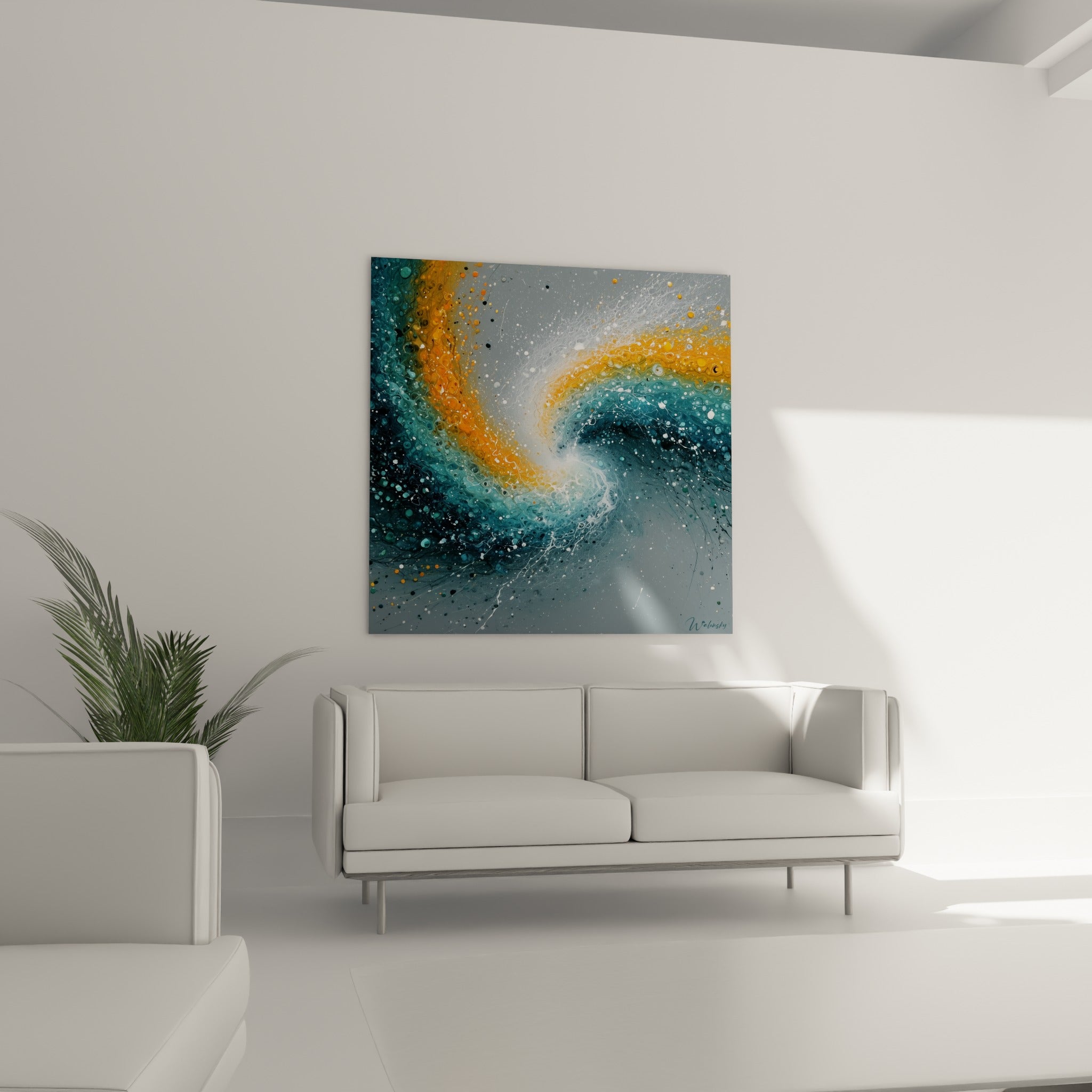 Vague orange et bleu profond en mouvement spiralé au-dessus d'un canapé dans un salon lumineux