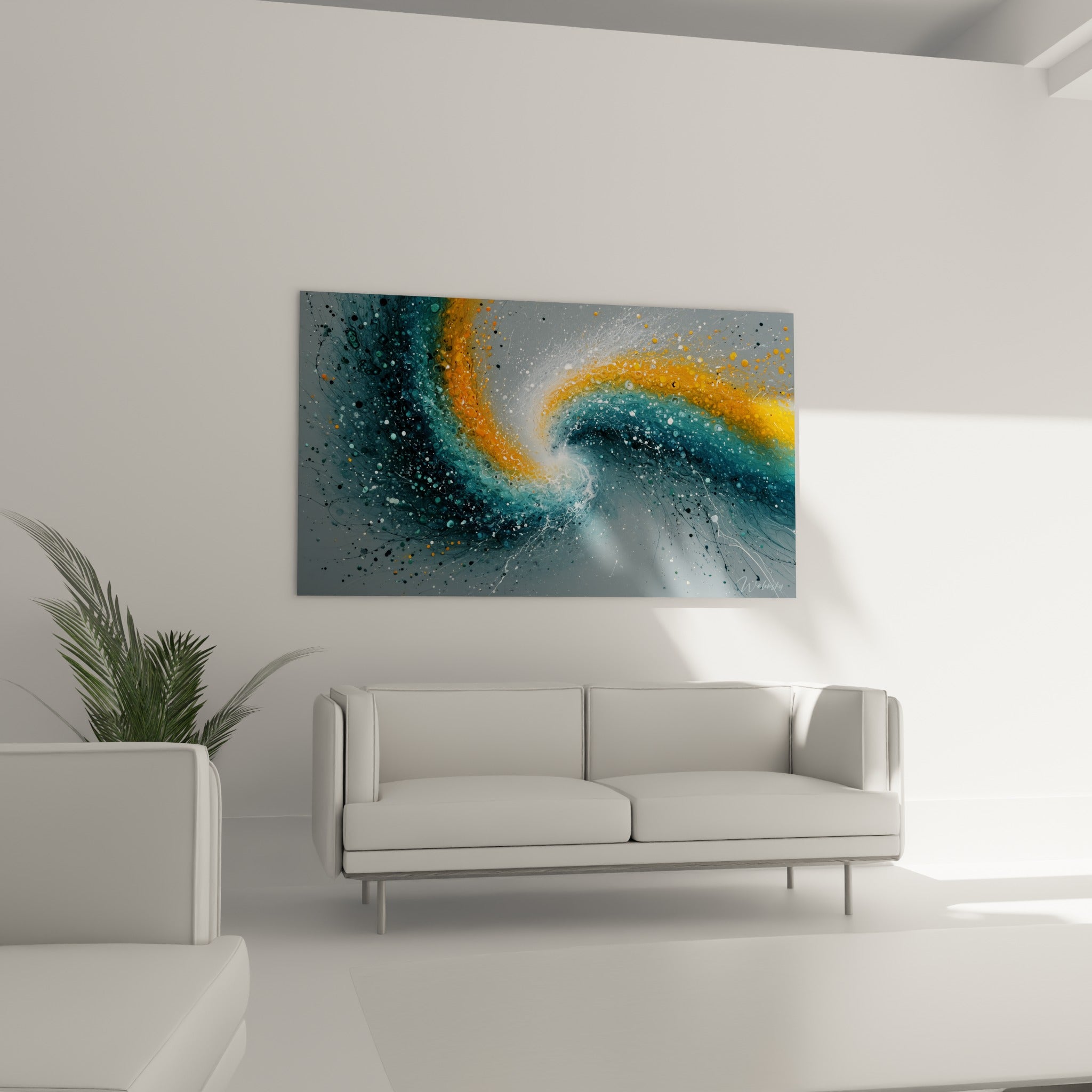 Éclaboussures noires et blanches d'un tableau spirale orange, disposé au-dessus d'un canapé dans un salon lumineux