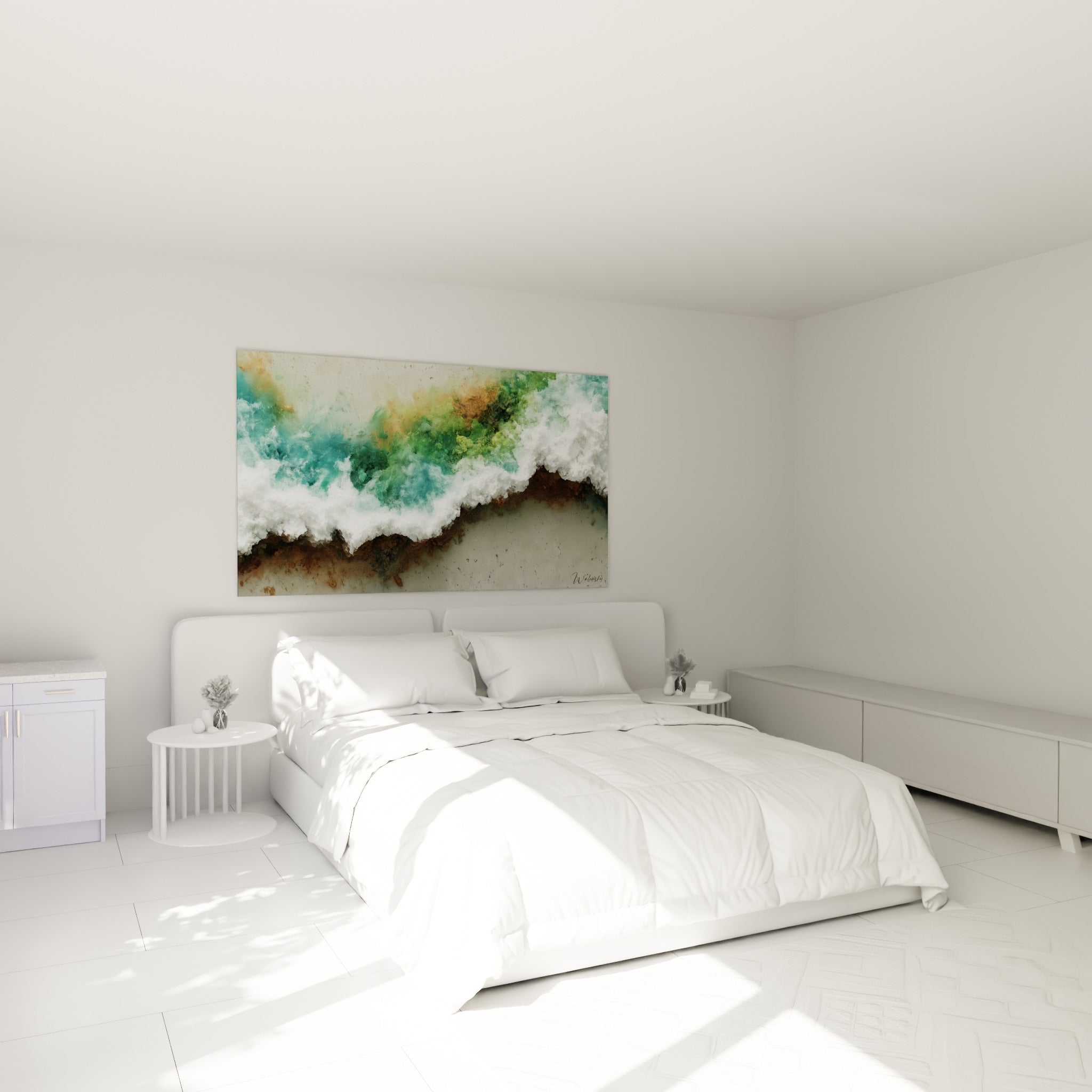 Écume blanche et reflets vert émeraude d'une vague au-dessus d'un lit dans une chambre claire