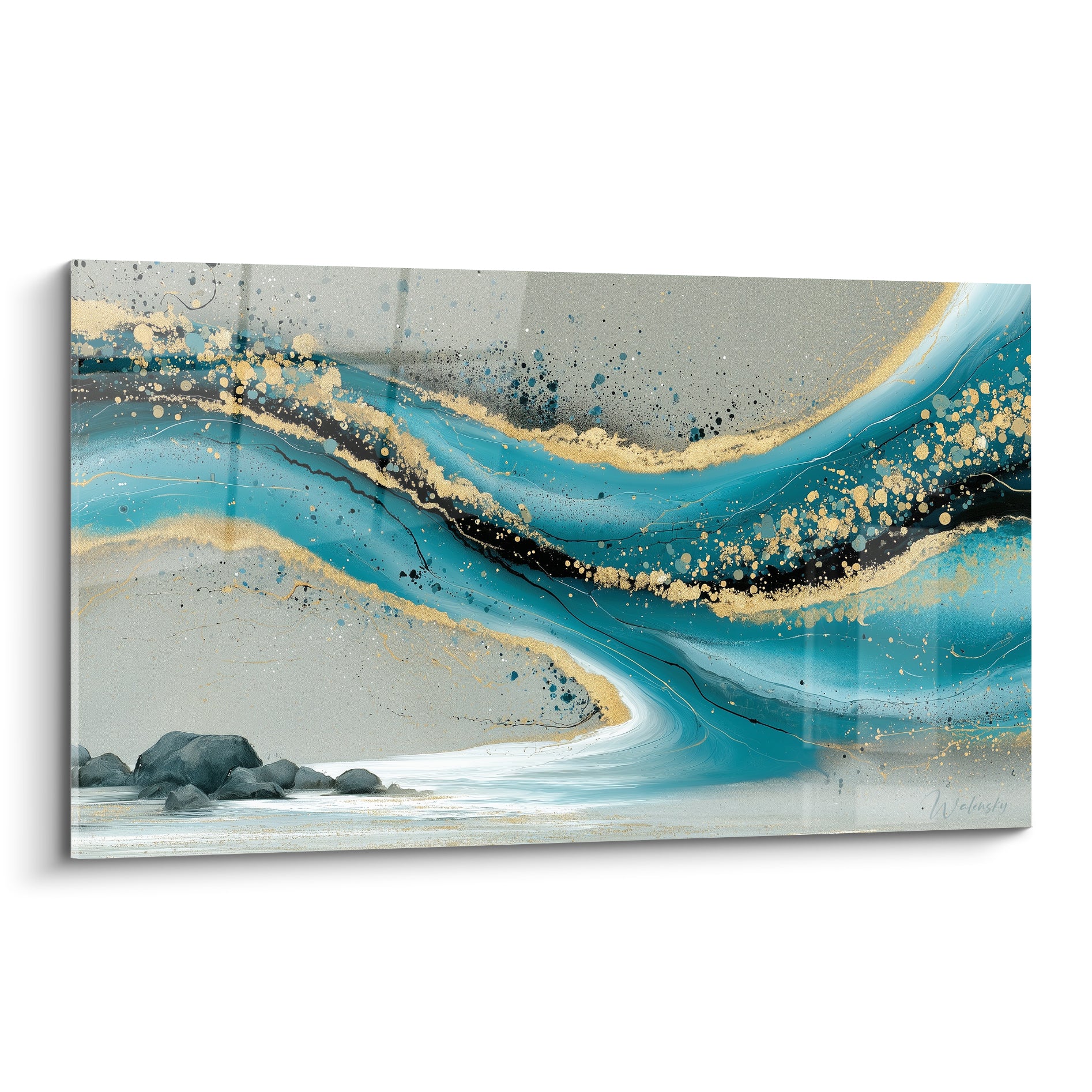 Vague turquoise et dorée traversant un fond gris, rochers anthracite et écume blanche en bas de toile