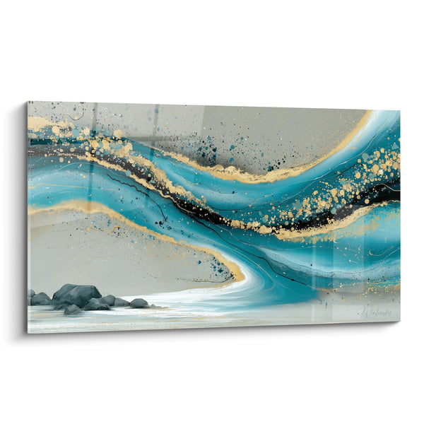 Cuadro Olas turquesas y doradas sobre rocas grises - Espuma dorada - Edición artística abstracta