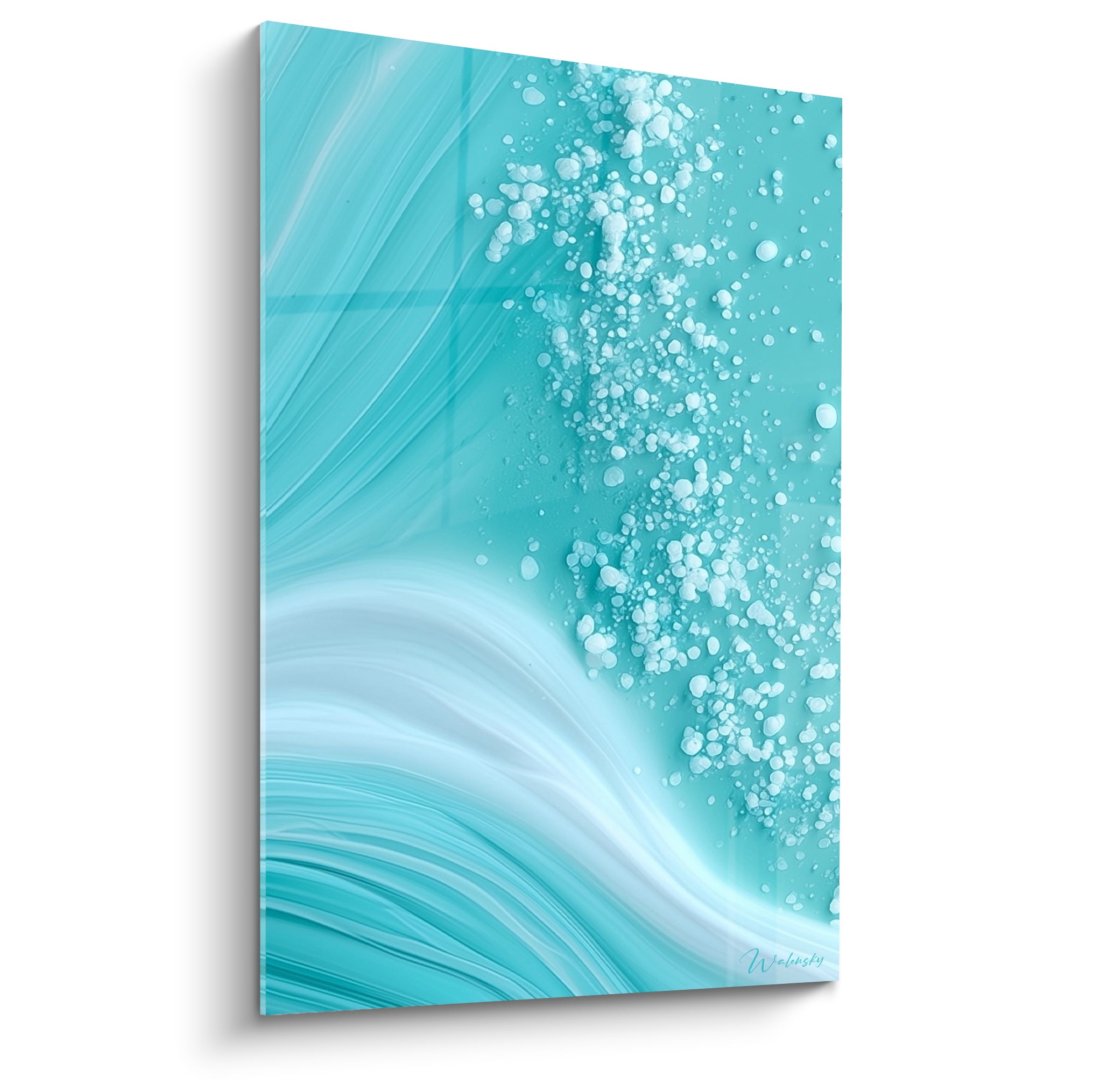 Vague turquoise et blanche déferlante, écume granuleuse, art abstrait au style marin