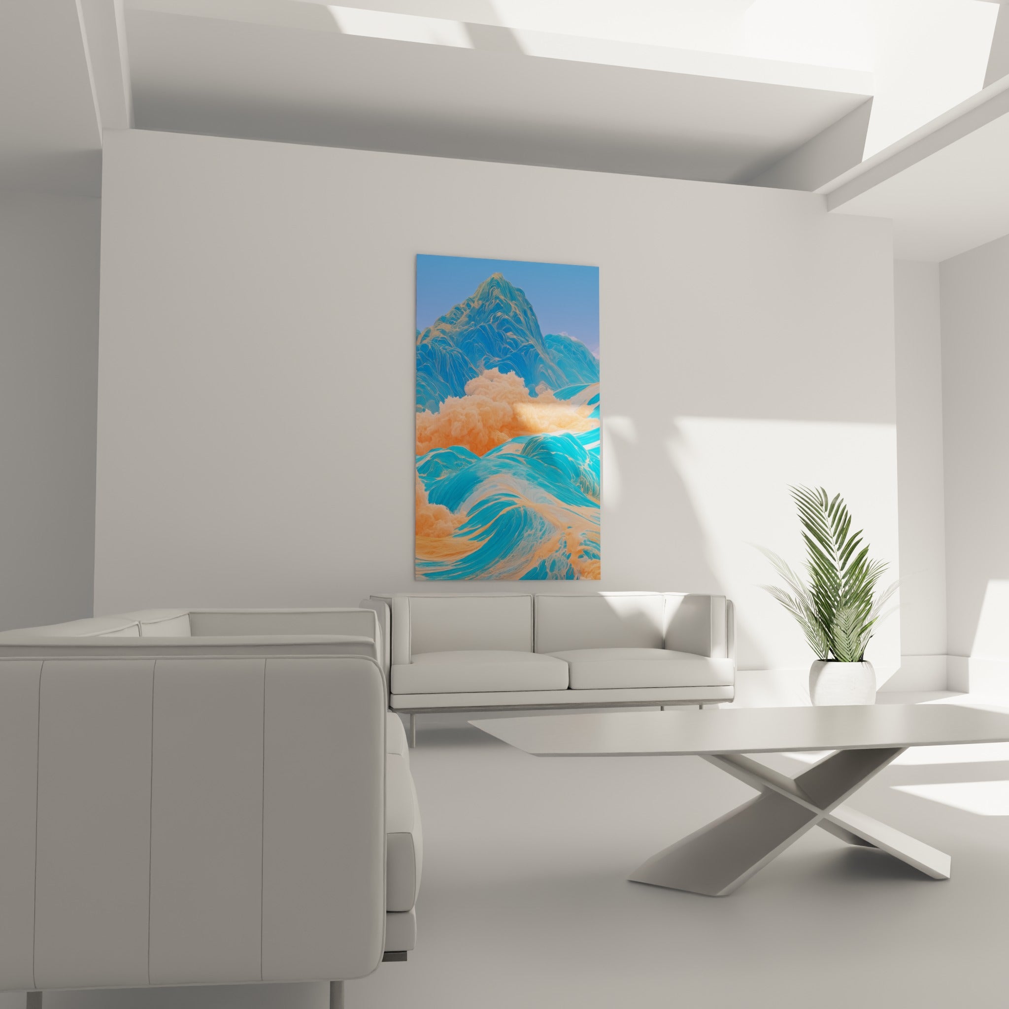 Vagues corail et turquoise s'entremêlent en volutes au-dessus d'un canapé dans un salon lumineux