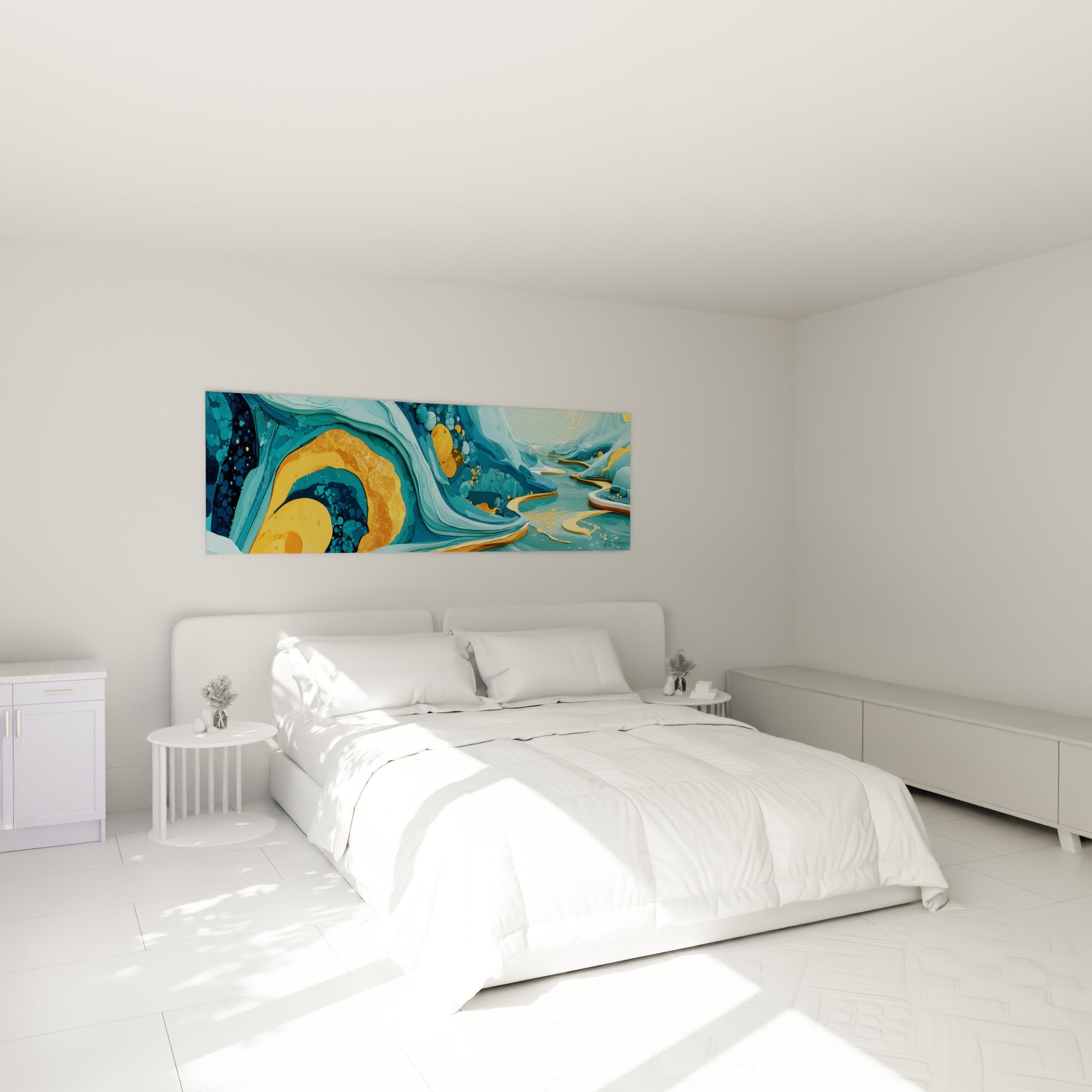 Strates dorées et bleu turquoise ondulant en canyon abstrait, accrochées au-dessus d'un lit dans une chambre claire