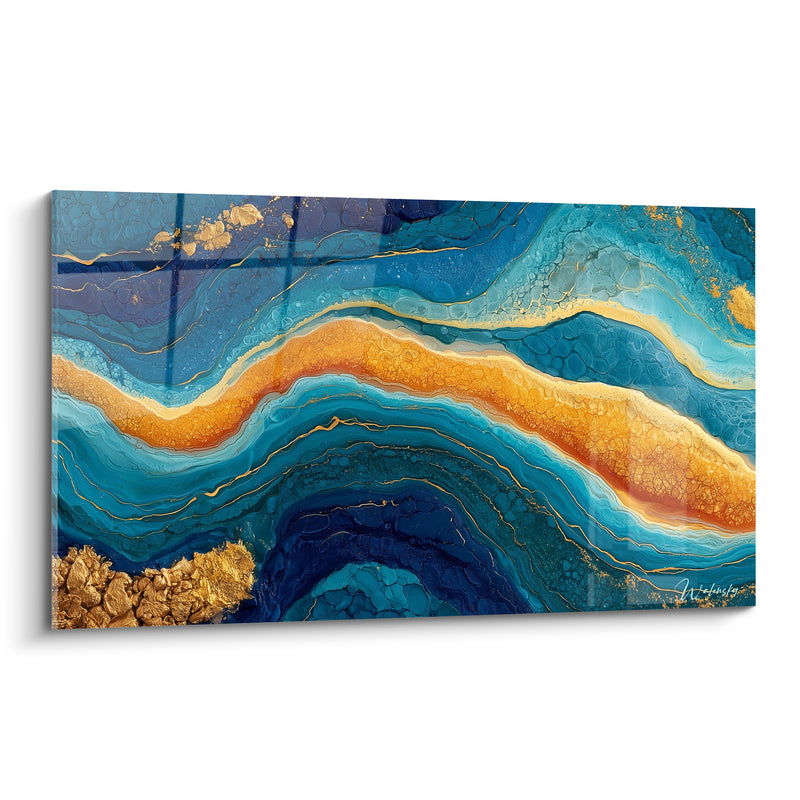 Tableau Géode bleu et orange aux amas dorés - Cristaux dorés bruts - Edition Artistique abstrait