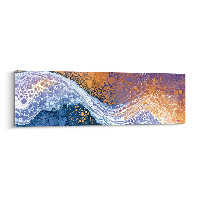 Tableau Vague écumante bleu marine et orange aux bulles cellulaires - Marbrure alvéolée dorée - Edition Artistique abstrait