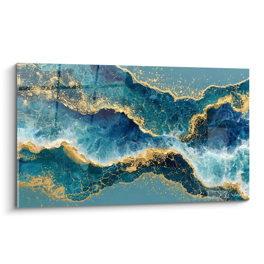 Wellenbild in Marineblau mit goldenen Adern - Strahlende Ebbe - Künstlerische Edition abstrakt