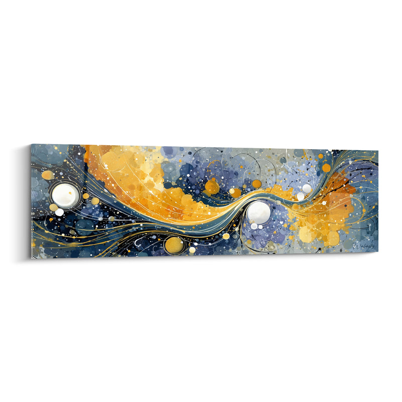Tableau Sphères blanches bleu et or constellées - Traînées filamenteuses scintillantes - Edition Artistique abstrait