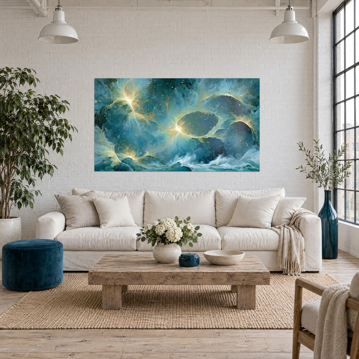 Gemälde Nebel in Blaugrün mit goldenen Rissen, Sternenfunken und weißer Gischt, über einem Sofa in einem hellen Wohnzimmer