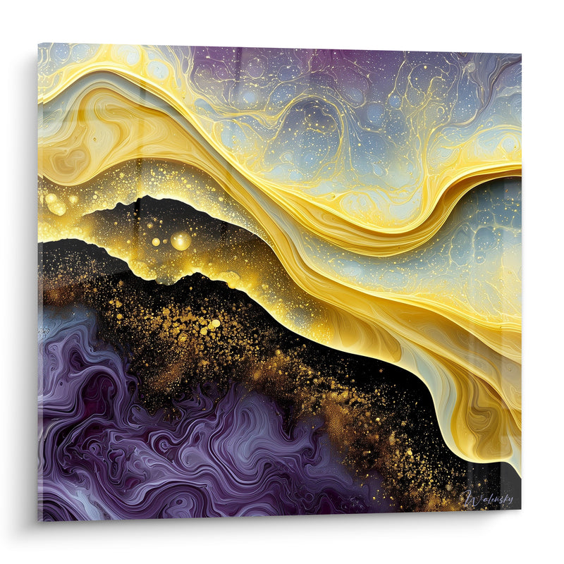 Tableau Vague dorée et violette aux poussières scintillantes - Marbrure minérale nocturne - Edition Artistique abstrait