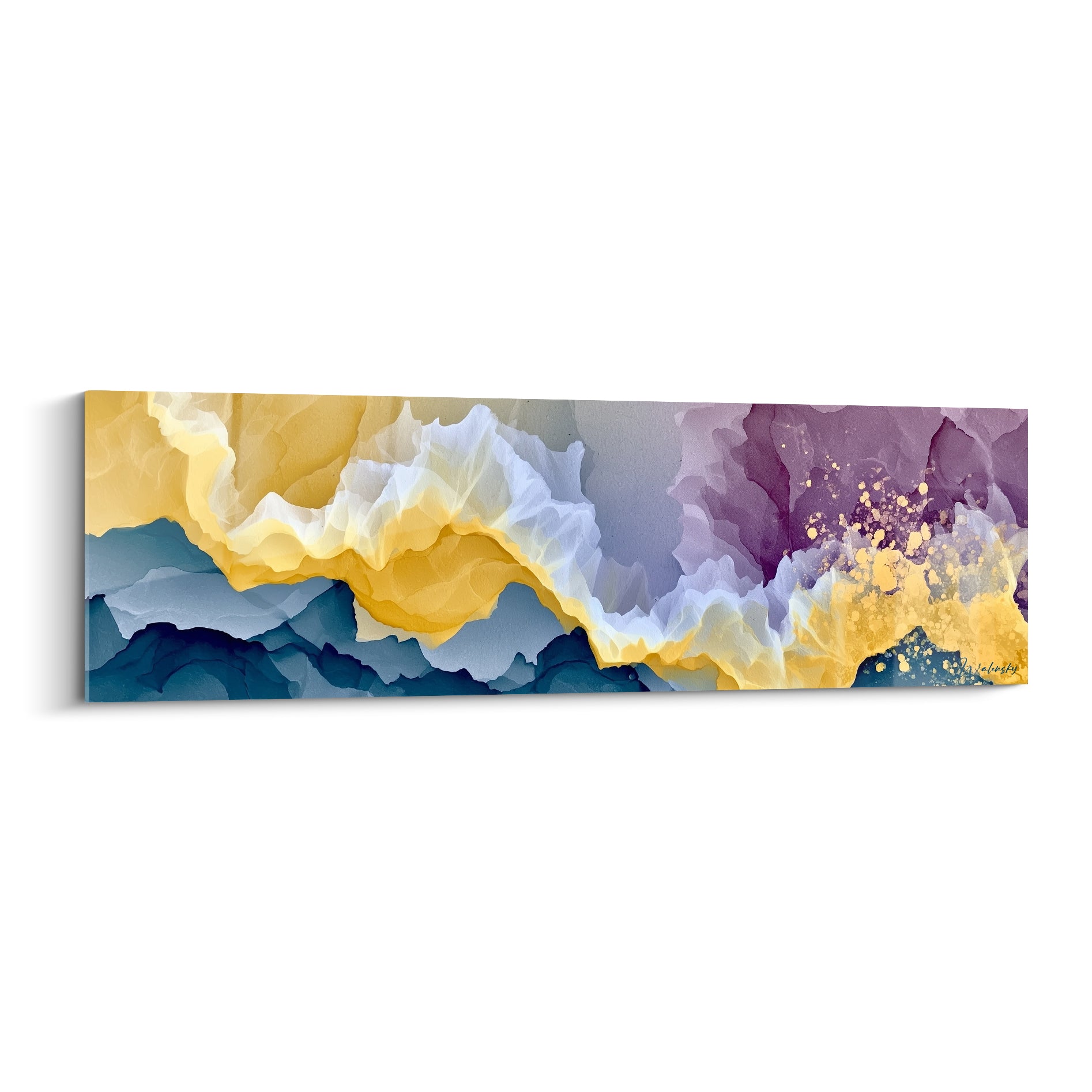 Vagues d'encre dorées et violettes traversent ce tableau artistique abstrait au bleu marine profond