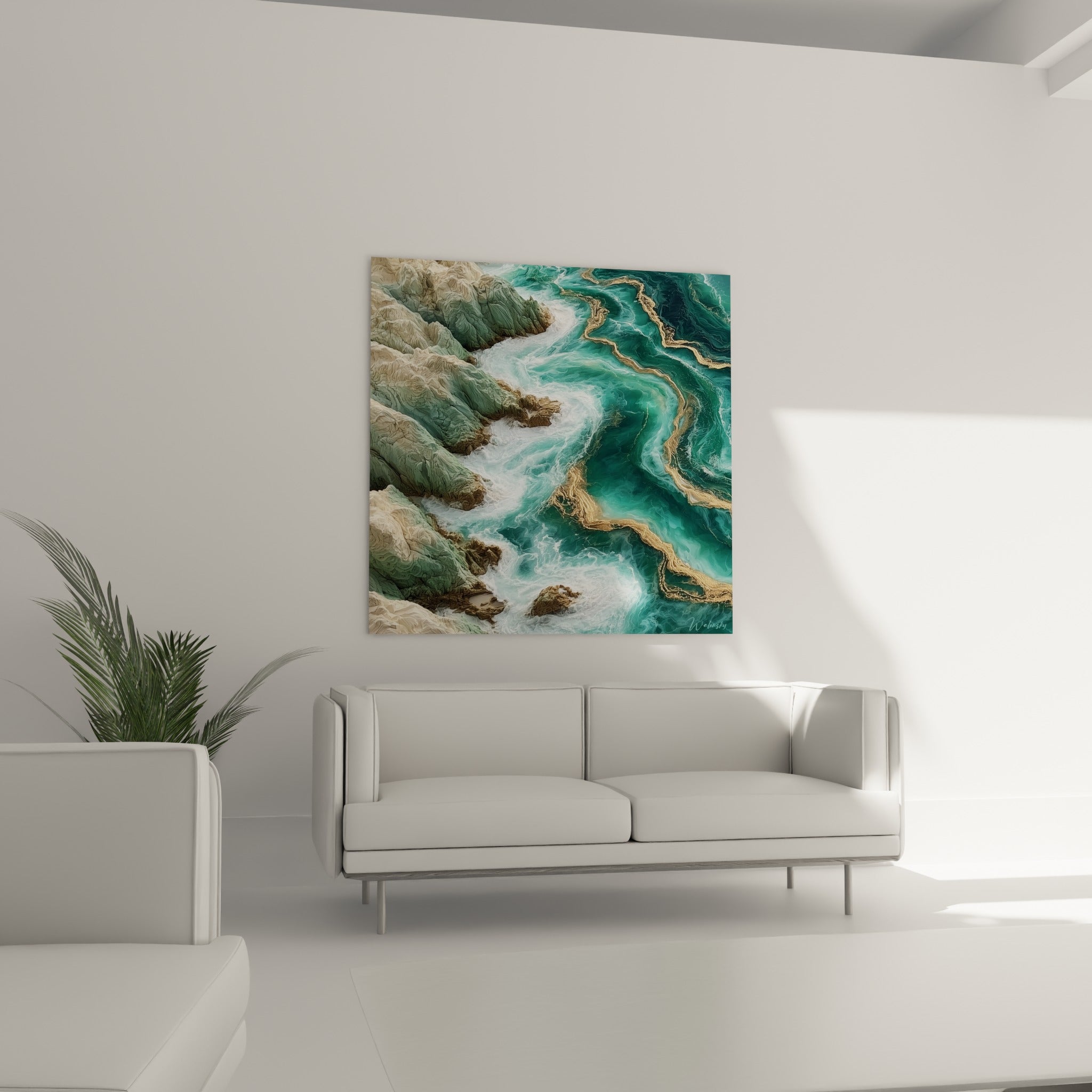 Rochers verts et mer turquoise ornée de filets dorés au-dessus d'un canapé dans un salon lumineux