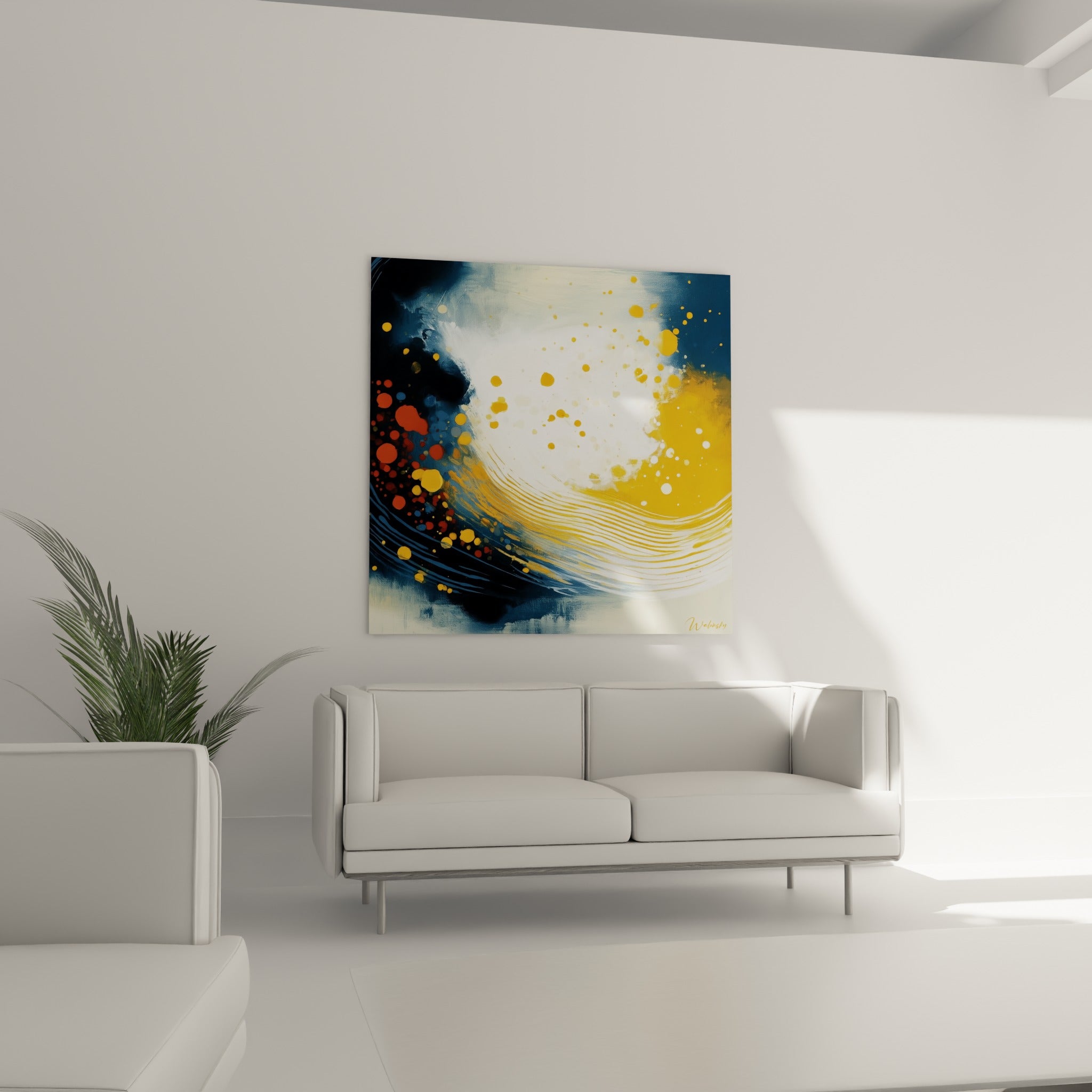 Vagues concentriques ocre et bleu marine, éclaboussures dorées, au-dessus d'un canapé dans un salon lumineux
