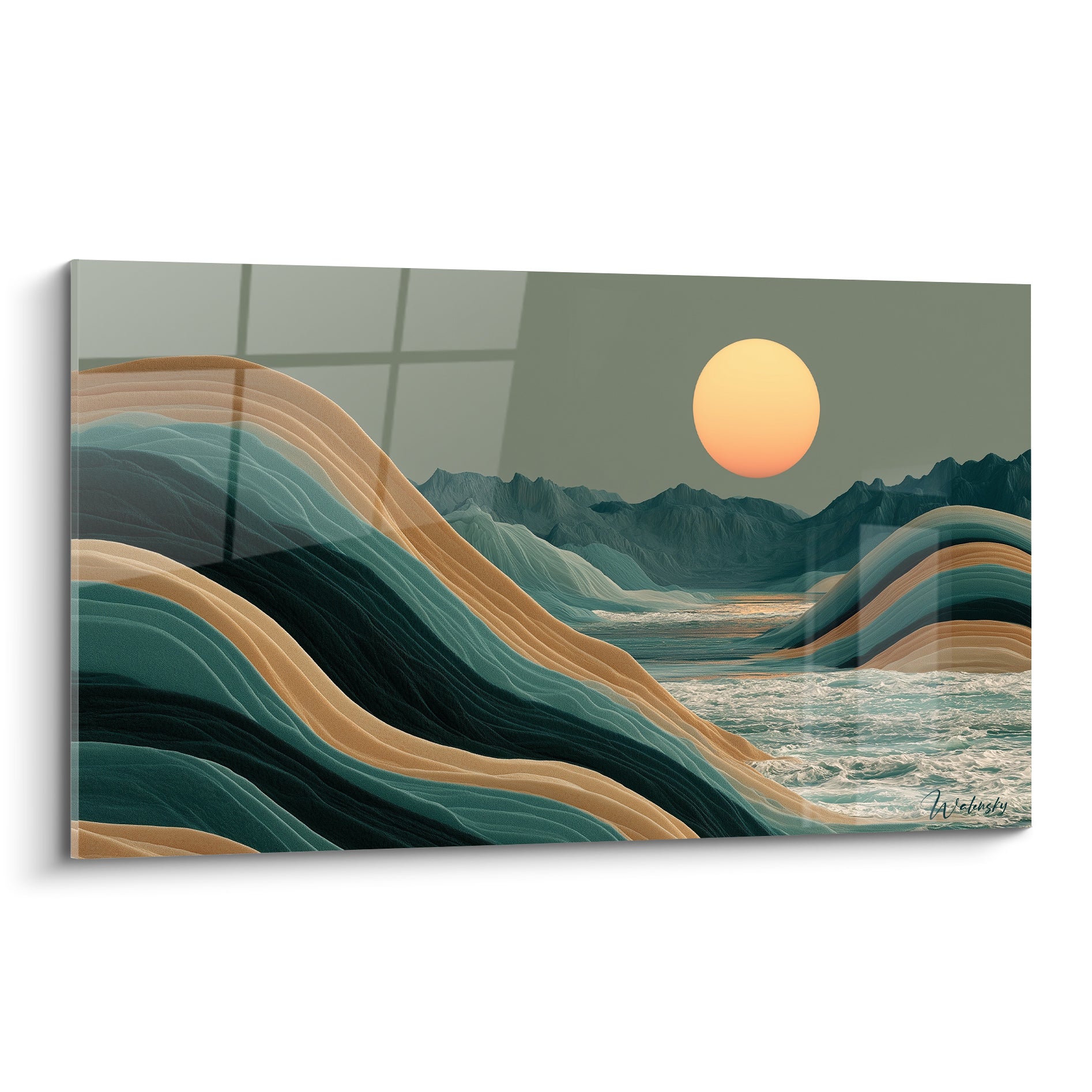 Vagues stratifiées ocre et sarcelle avec soleil doré, tableau artistique abstrait aux courbes fluides