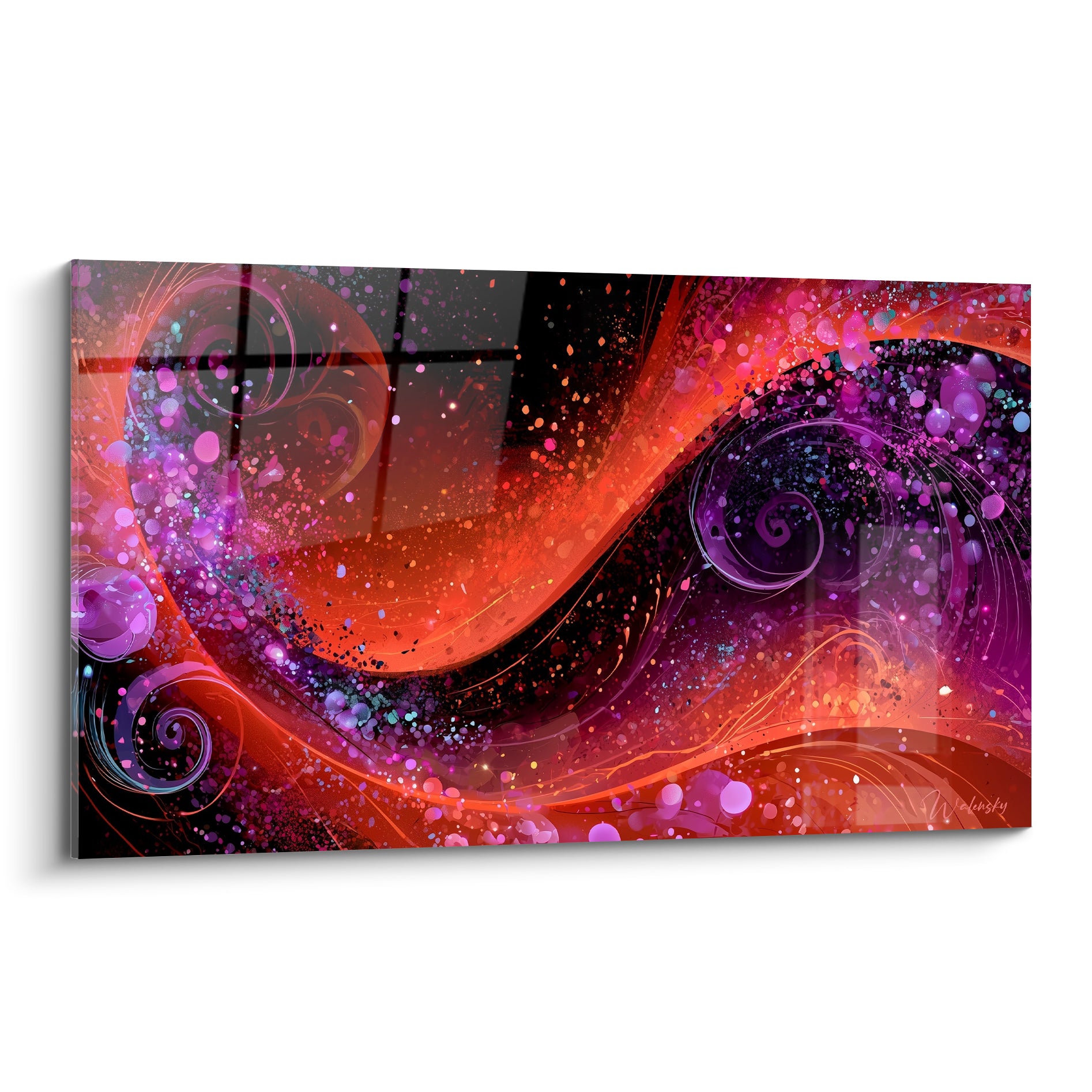 Vagues orange incandescent et violettes en spirale, tableau artistique abstrait aux éclats scintillants