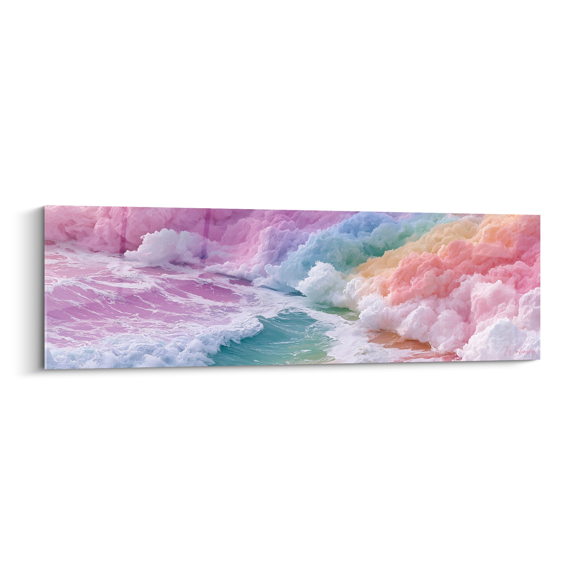 Vagues déferlantes rose pastel et turquoise, écume blanche vaporeuse, style artistique abstrait onirique