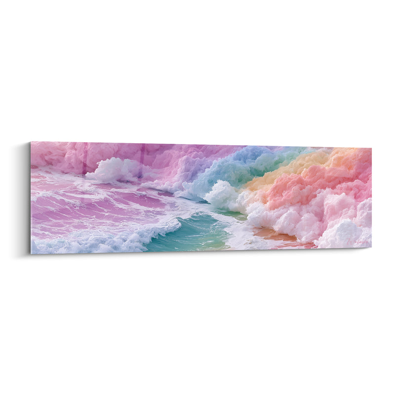 Tableau Vague rose et turquoise aux écumes multicolores - Plage arc-en-ciel - Edition Artistique abstrait