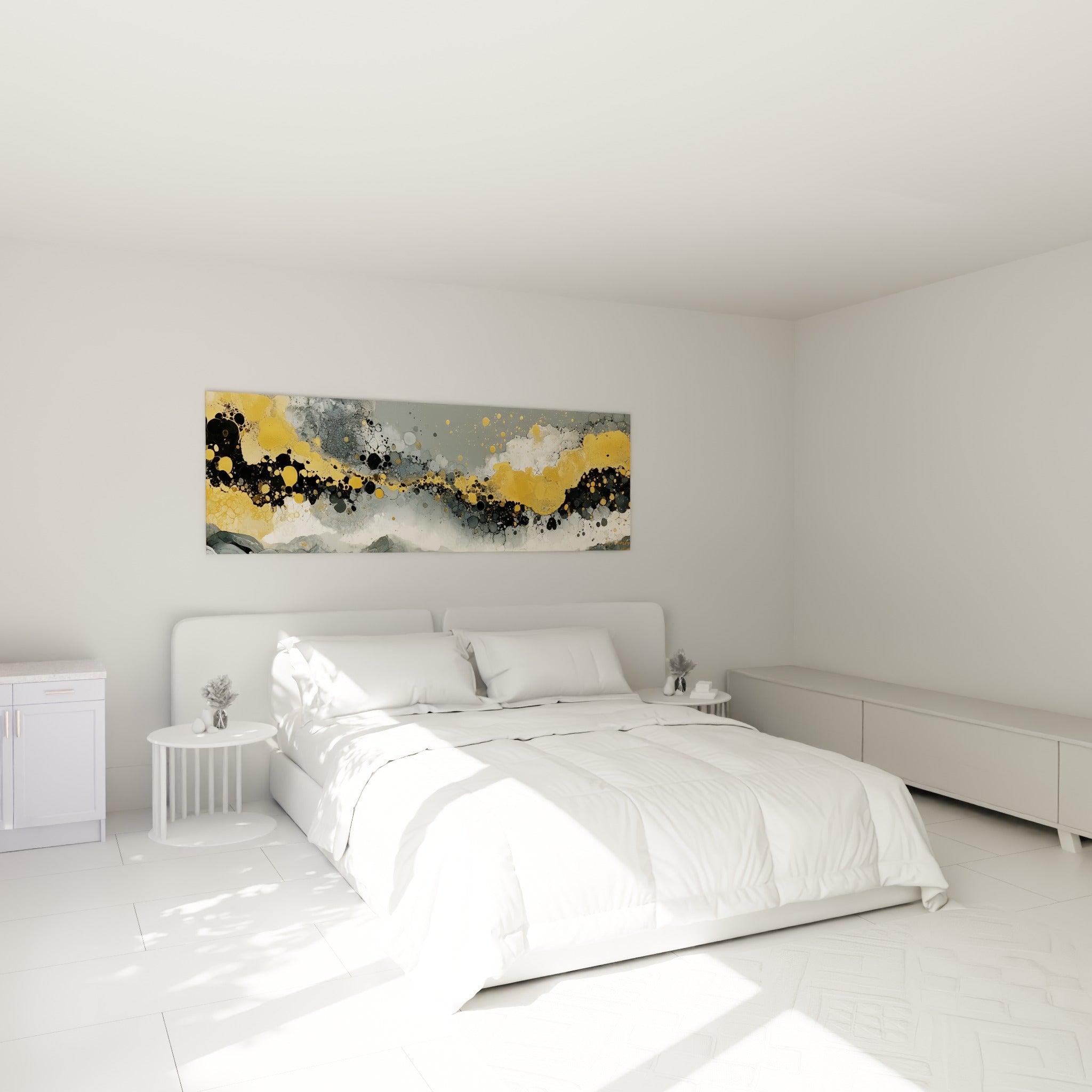 Sphères dorées et grises en mouvement horizontal, tableau abstrait au-dessus d'un lit dans une chambre claire