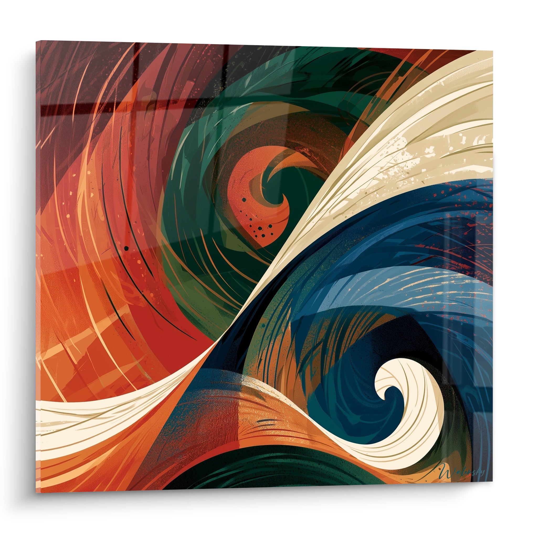 Spirale marine en terracotta, vert sombre et bleu marine, vagues tourbillonnantes abstraites