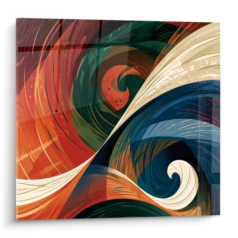 Tableau Vagues tourbillonnantes terracotta et bleu marine - Tempête apaisée - Edition Artistique abstrait