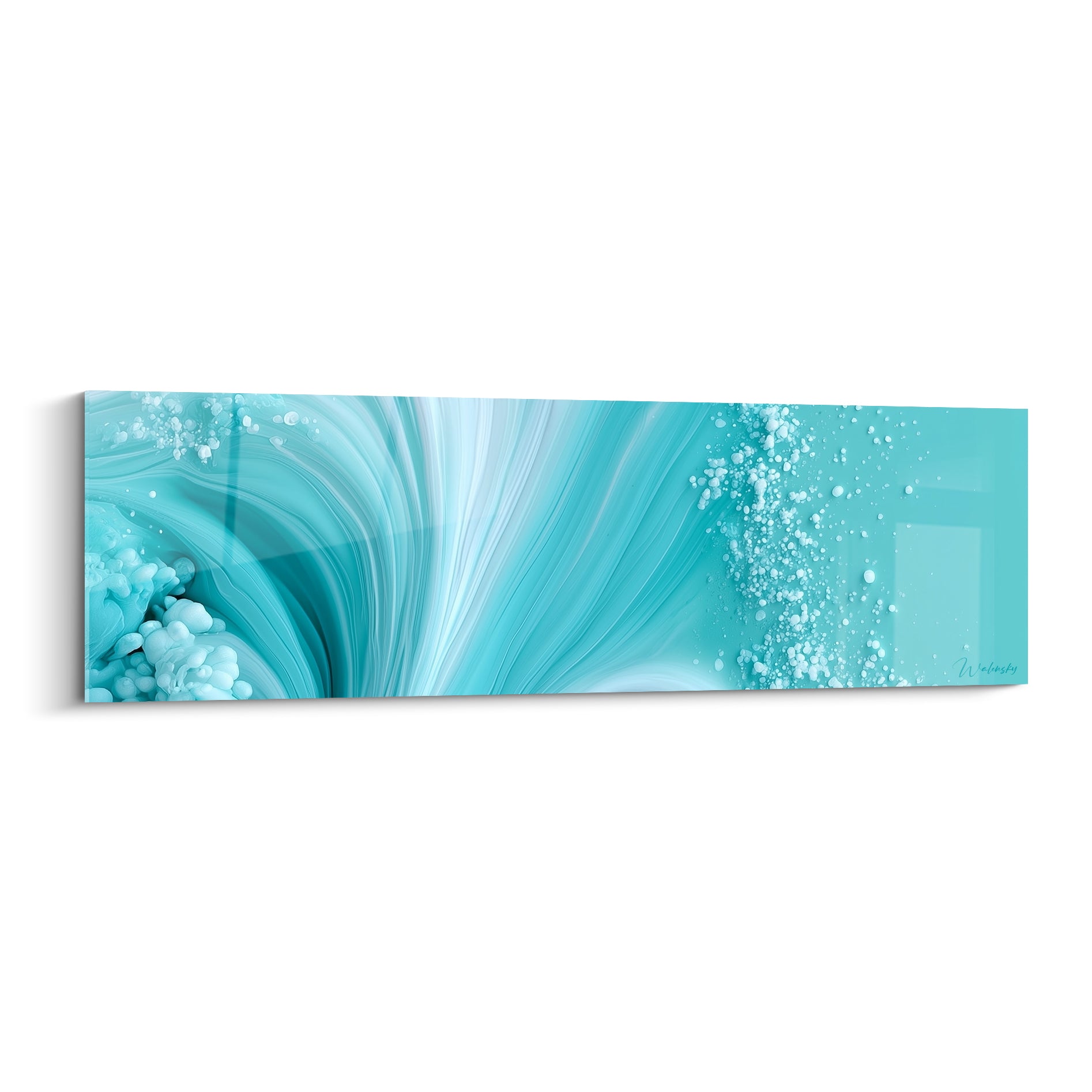Vagues turquoise et bulles blanches nacrées en mouvement fluide, tableau artistique abstrait panoramique