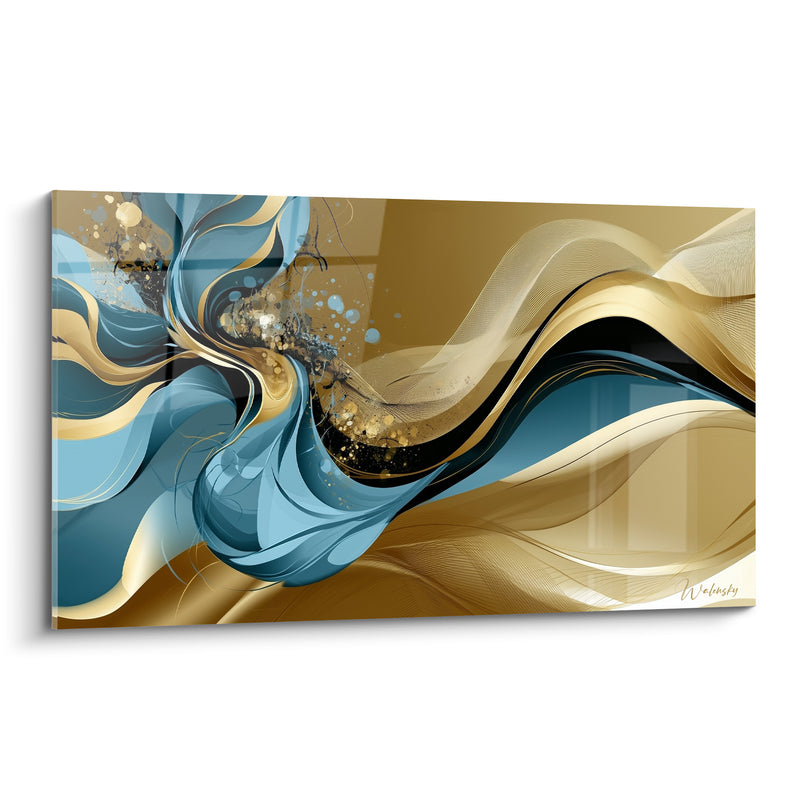 Tableau Vagues fluides bleu turquoise et doré - Tourbillon précieux - Edition Artistique abstrait