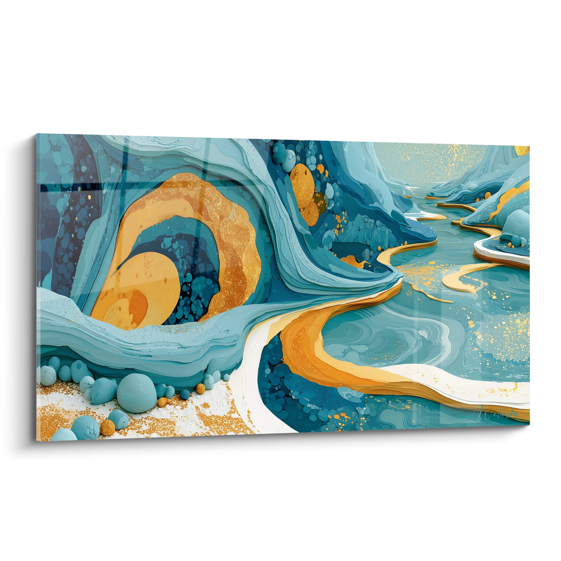 Vagues abstraites bleu marine et doré aux courbes fluides, style marbrure minérale raffinée