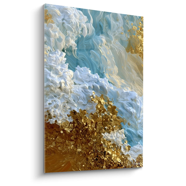 Cuadro Olas doradas con volutas turquesa - Resaca brillante - Edición Artística abstracta