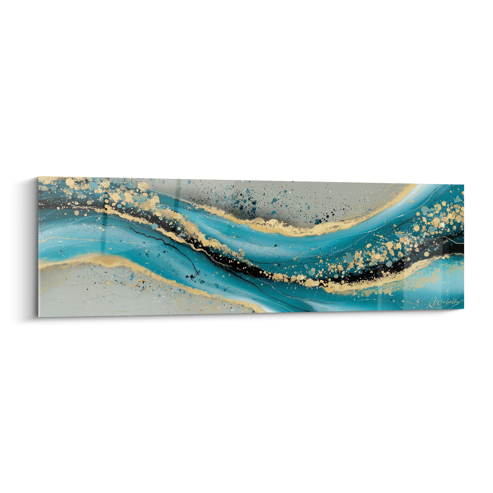 Vagues turquoise et dorées entrelacées de noir, effet marbré fluide en format panoramique.