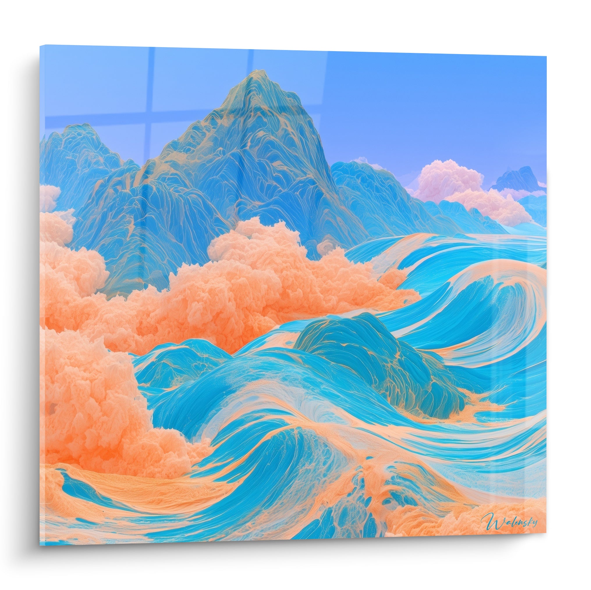 Vagues turquoise et nuages pêche déferlant devant des montagnes bleutées, style graphique fluide et coloré
